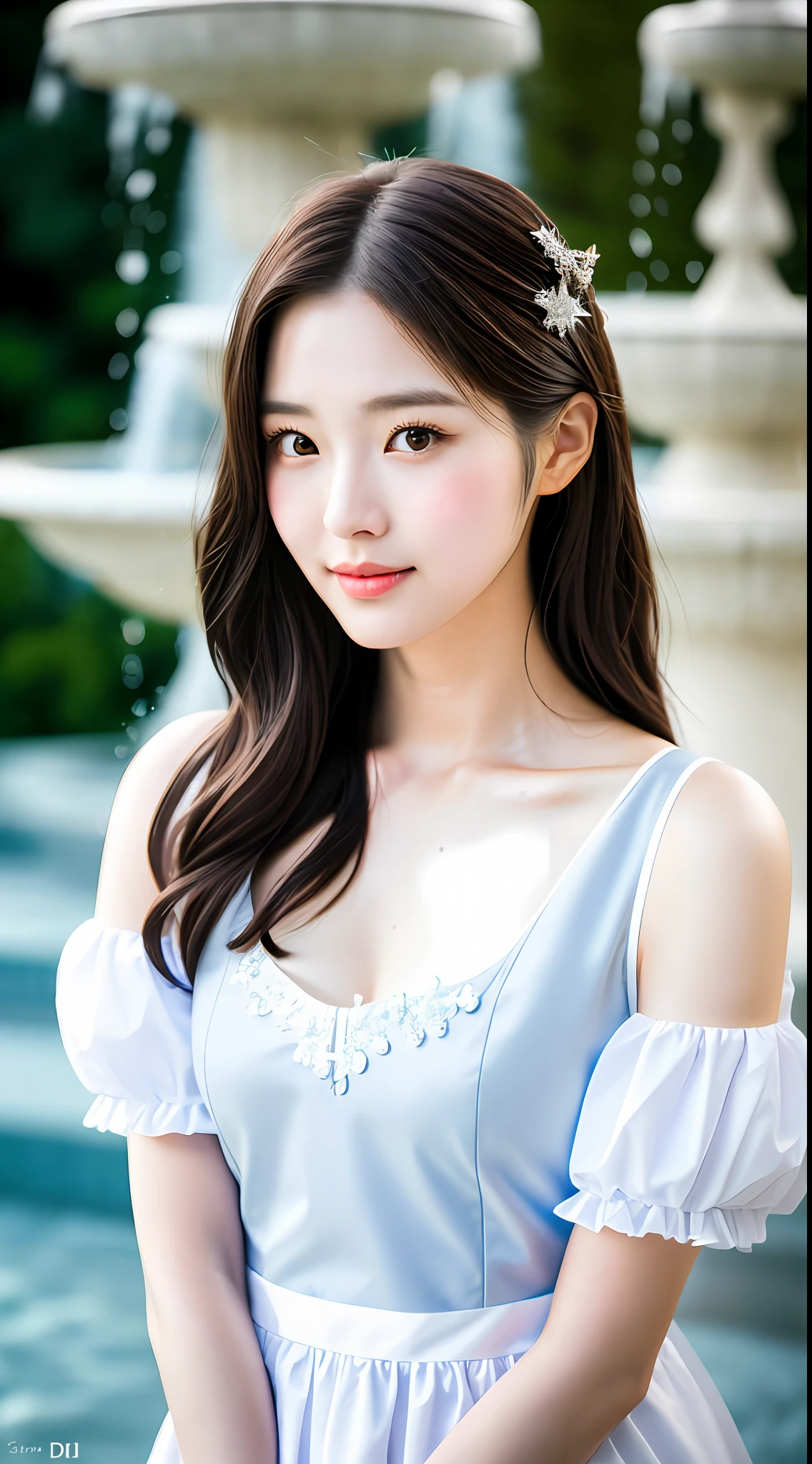 Realistic photos of (1 cute Korean star) shoulder length hair, light makeup, medium breast size, wearing maid costume, fountain, clear facial features, 8K high resolution, sharp and realistic details, from the outside, eye level shot, f/4.0, 135mm, Fujifilm, jpeg artifact, dithering, UHD, masterpiece
