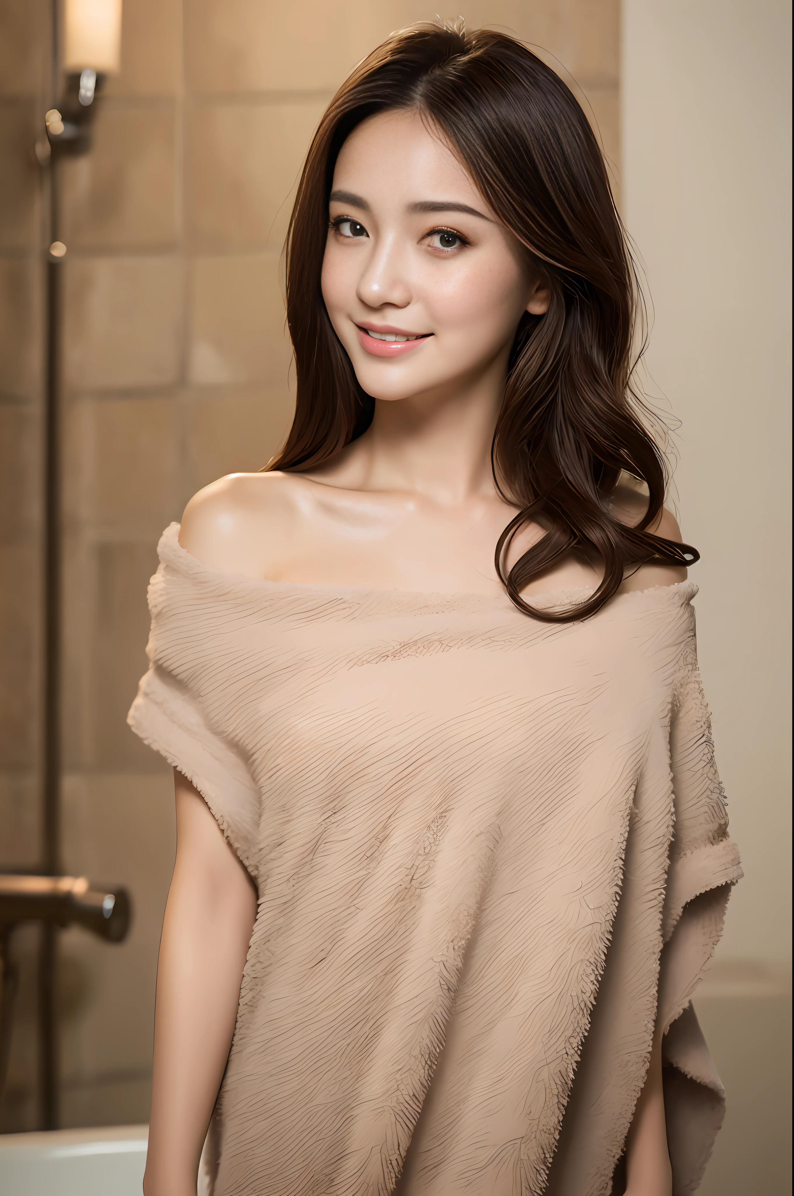 ((Best Quality, 8k, Masterpiece: 1.3)), 1 girl, smile, full body, slim face, pretty woman, (dark brown hair), bath towel: 1.1, super detailed face, detailed eyes, double eyelids, blurred background, slim face, nude