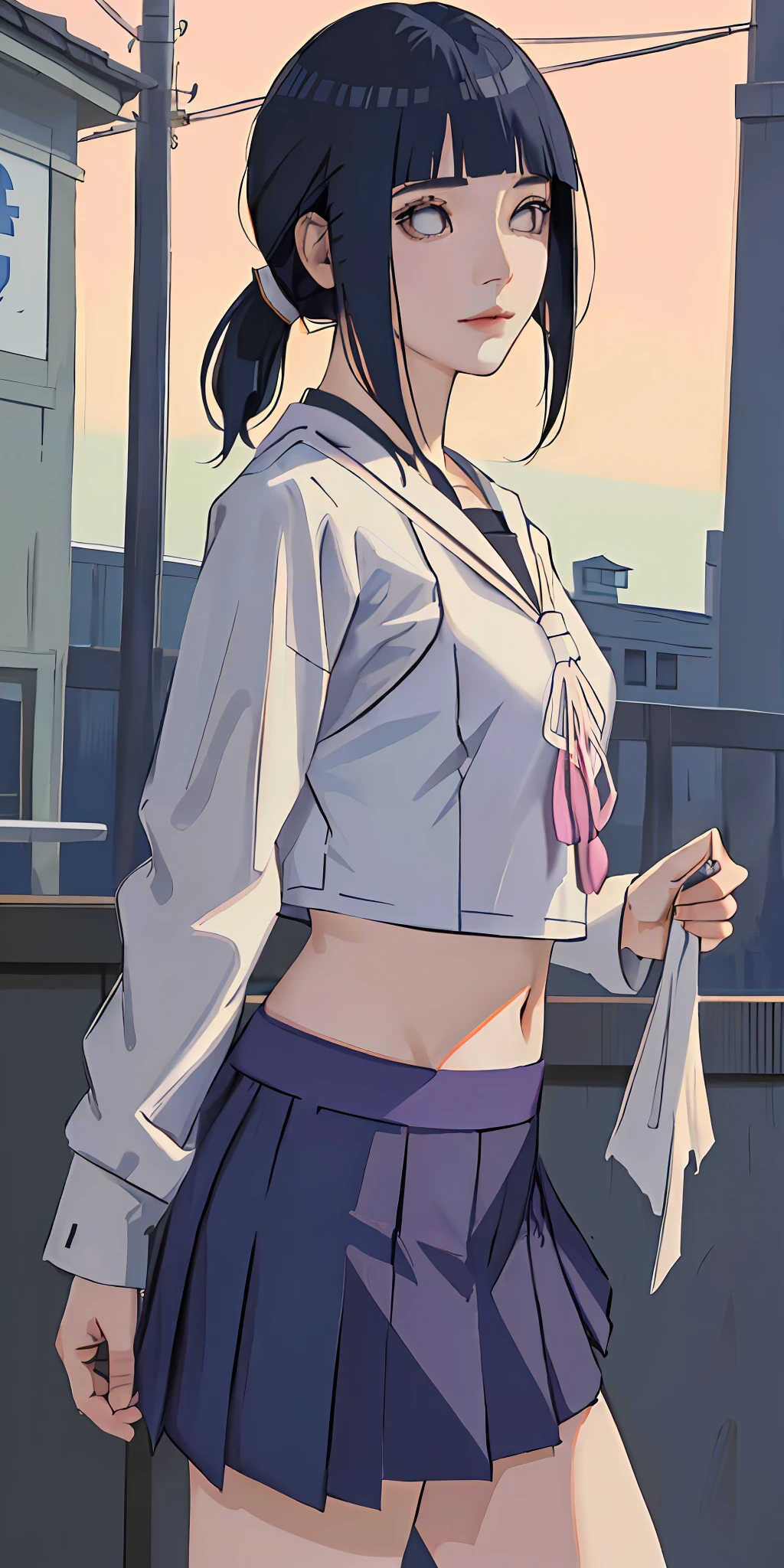 highres, ultra detailed), masterpiece, hinata\(boruto\), solo, 1girl,medium breasts, (((high school))), ((((high school attire)))), smile, (((medium hair))), blink blink effect, (((detailed lips))), knee crop, school building, from side, (((dark blue hair))) standing, looking at someone far away, cute face, young, (((low ponytail))), (((white top)))