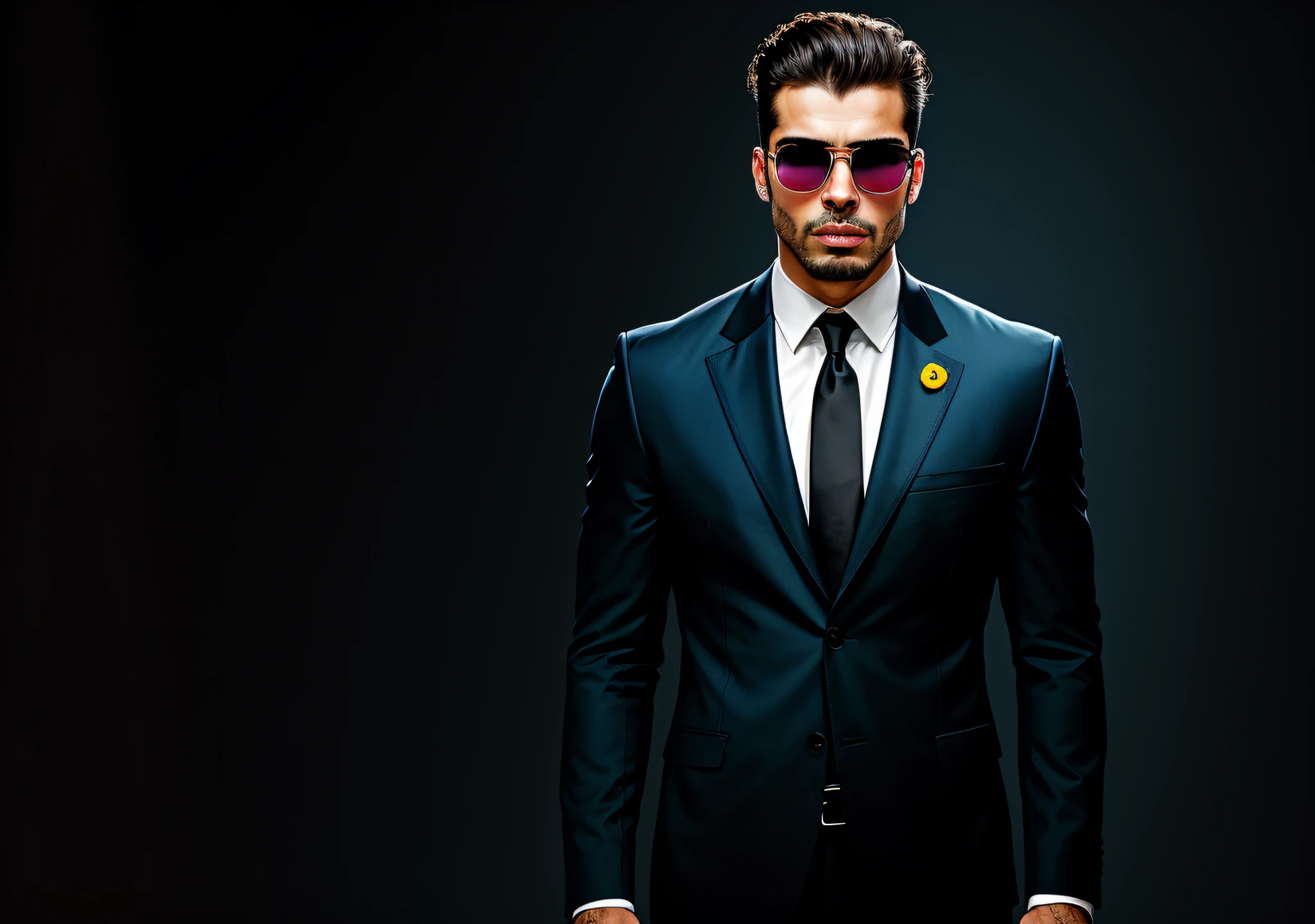Vinícius Júnior standing with his mouth sewn up, showing the whole body of designer suit, jewelry and tie dark photo: realistic epic, distant portrait, sunglasses, blue eyes, black hair, yellow gradient, black, brown and magenta color scheme, grunge aesthetic!!! War wall background, art and artgerm, soft cinematic light, adobe lightroom, photo lab, blurred background
