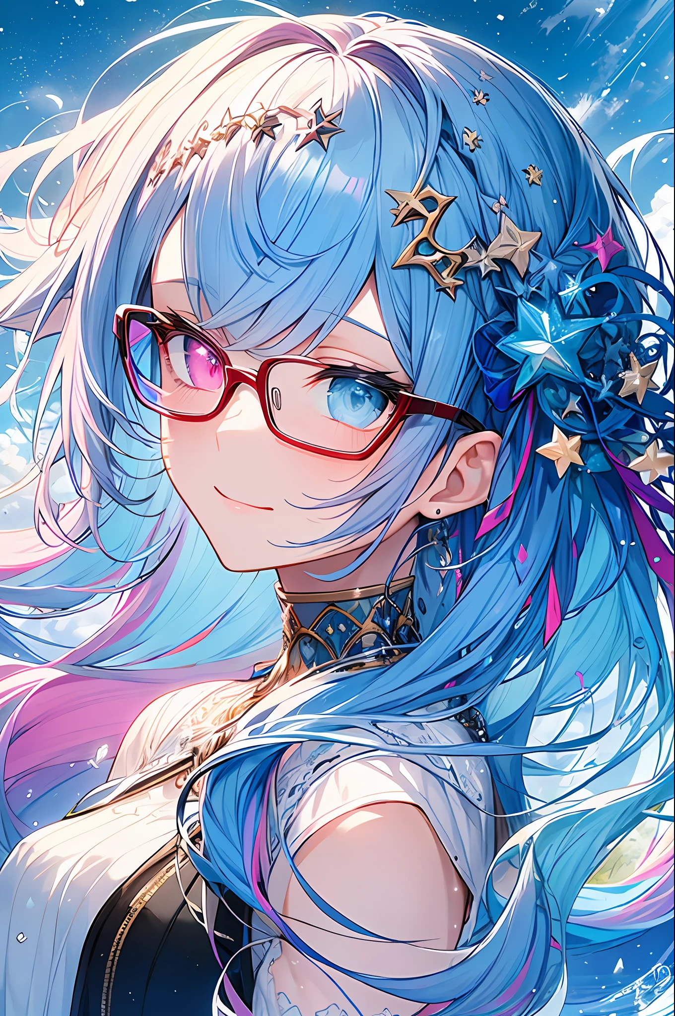(Masterpiece, Top Quality, Best Quality, Watercolor (Medium), Official Art, Beautiful and Aesthetic: 1.2), (1 Girl: 1.3), (Fractal Art: 1.3), Upper Body, Sideways, Watching the Viewer, Pattern, (Iridescent Hair, Colorful Hair, Half Blue and Half Pink Hair: 1.2), Water, Liquid, Clouds, Colorful, Starry Sky, Stars, Smile, Glasses, Close Up, Heterochromia, (Colorful: 1.5)