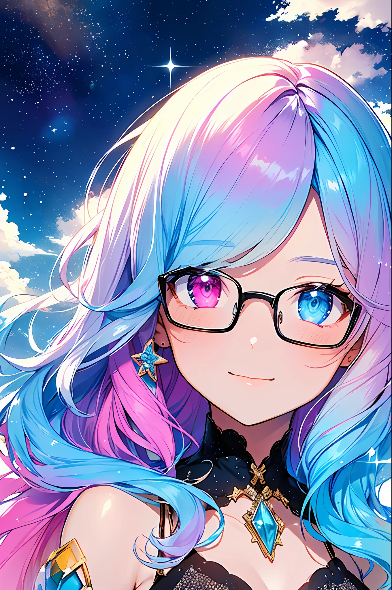 (Masterpiece, Top Quality, Best Quality, Watercolor (Medium), Official Art, Beautiful and Aesthetic: 1.2), (1 Girl: 1.3), (Fractal Art: 1.3), Upper Body, Sideways, Watching the Viewer, Pattern, (Iridescent Hair, Colorful Hair, Half Blue and Half Pink Hair: 1.2), Water, Liquid, Clouds, Colorful, Starry Sky, Stars, Smile, Glasses, Close Up, Heterochromia, (Colorful: 1.5)