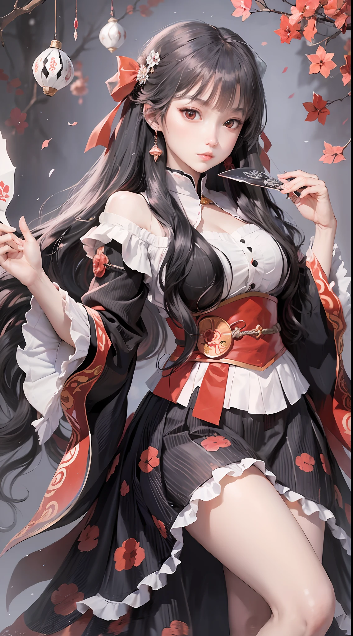 masterpiece, best quality, 1girl,houraisan kaguya, jeweled branch of hourai,branch,black hair,long hair,red eyes,skirt, wide sleeves,grey background, look viewer, paper fan