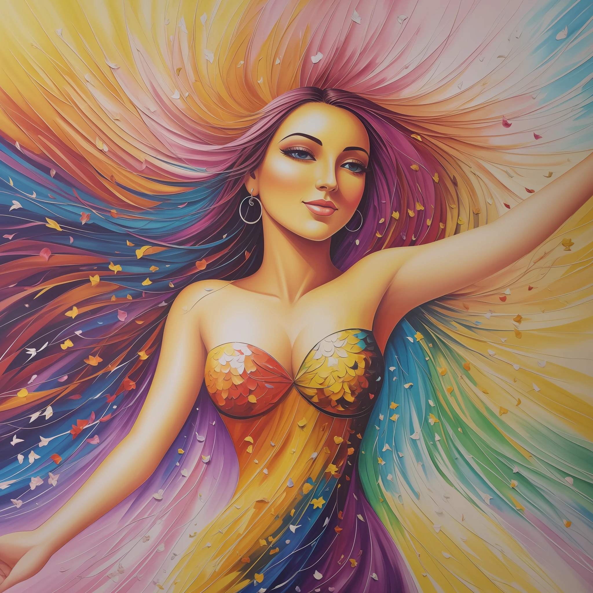 Create a painting that captures the essence of the "The Radiant Essence" card and conveys the power of self-empowerment and authenticity. Use a vibrant and luminous color palette to represent the radiant, bright energy emanating from the central figure.

In the center of the painting, depict a human figure in a confident and self-assured posture. Paint it with golden tones, representing the inner light and the inner strength it radiates. Highlight the eyes by painting them with intense and expressive colors, symbolizing the window to the soul and authenticity.

Around the central figure, paint elements that represent the expression of the true essence. For example, you can include symbols that represent passions, talents, and personal values. Use abstract or symbolic shapes to represent these elements, such as brush strokes or geometric shapes that merge with the main figure.

Create a background that conveys energy and vitality. Paint abstract strokes or fluid curves in different colors, symbolizing the flow of energy and movement. Use vibrant tones, such as red, orange, and yellow, to represent the energy and enthusiasm that comes from living in your true essence.

Add light and brightness detail to the painting by highlighting specific areas of the central figure and surrounding elements. Use lighter tones or highlight with white brushstrokes to create highlights that represent the radiance of the inner light.

Finally, add symbolic elements of connection and positive impact. For example, you can include flower petals flying around the central figure, representing the beauty and love shared with the world. Or add outstretched hands, symbolizing the ability to touch and inspire others through authenticity.