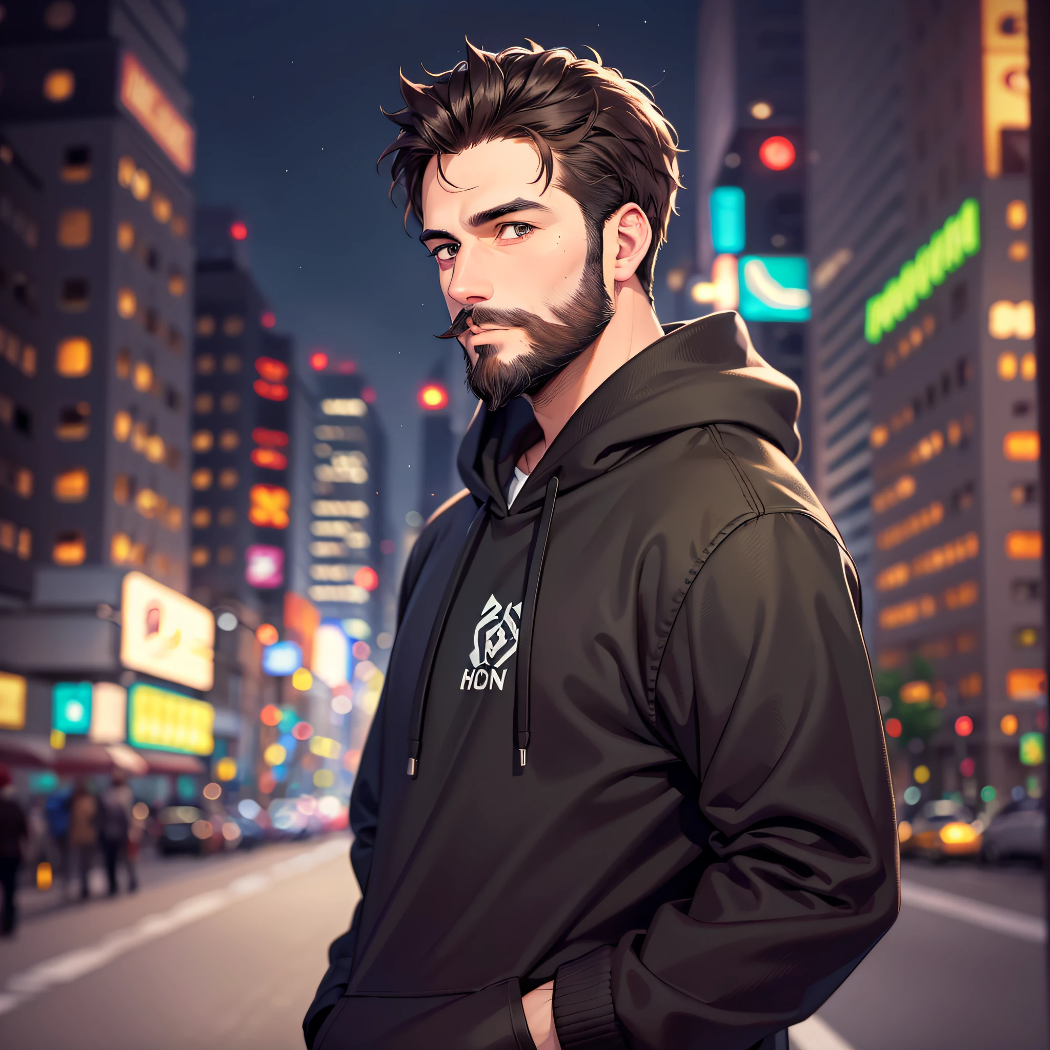 Adult man with beard and dark brown hair, dark brown eyes, wearing black hoodie with green details, in a city at night