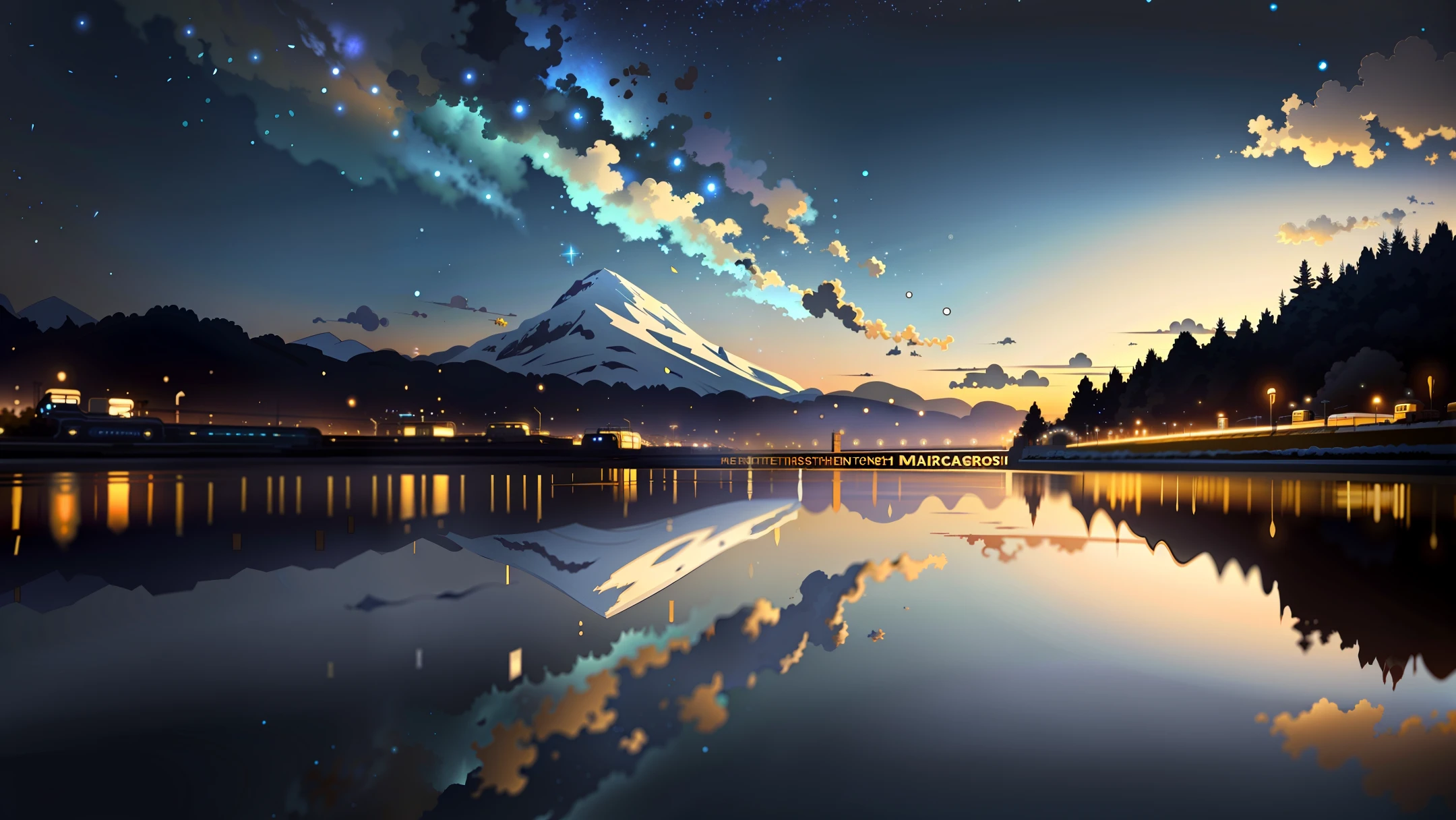 High quality masterpiece, landscape, anime train passing through bodies of water on tracks, bright starry sky. Romantic train, pixiv, concept art, lofi art style, reflection. by Makoto Shinkai, lofi art, Beautiful anime scene, Anime landscape, detailed scenery —width 672, in style of Makoto shinkai, style of Makoto shinkai, enhanced details.