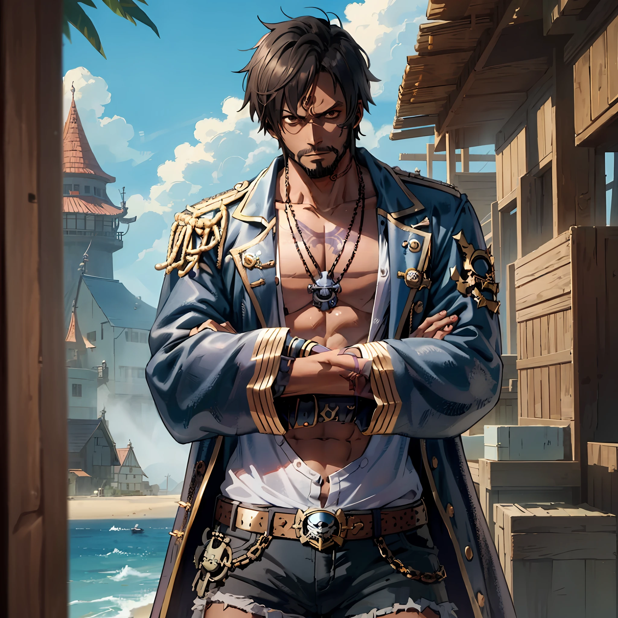 Male character anime version dark skin, 30 years, dark skin, beard, pirate tattoo, pirate, background house environment, arms crossed, bad guy, fit physique, beach shirt, jean shorts, pirate chepeu removed, brown eyes, masterpiece, anime, brown skin color