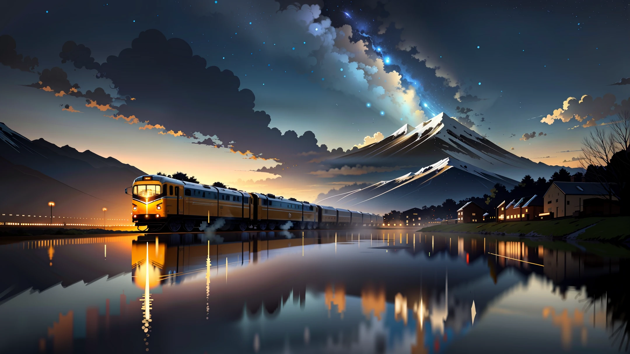 High quality masterpiece, landscape, anime train passing through bodies of water on tracks, bright starry sky. Romantic train, pixiv, concept art, lofi art style, reflection. by Makoto Shinkai, lofi art, Beautiful anime scene, Anime landscape, detailed scenery —width 672, in style of Makoto shinkai, style of Makoto shinkai, enhanced details.