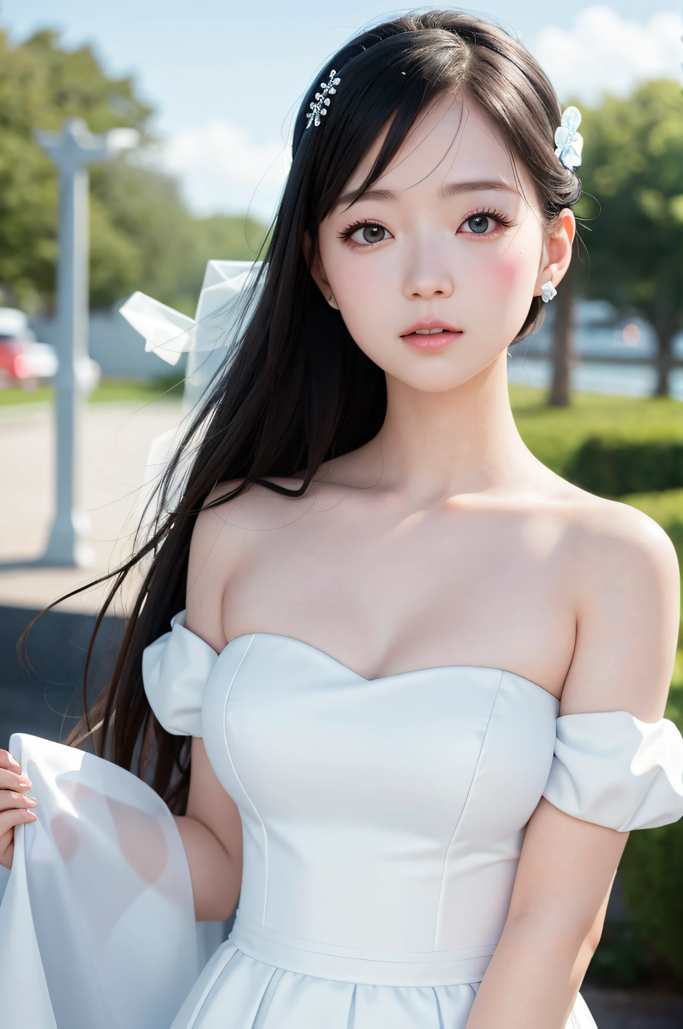 sky blue wedding dress,white mini skirt,kawaii, idol, (sweat:0.7),woman,japanese,exquisite face, beautiful face,bare shoulders,shoulders all exposed,translucent skin,black eyes,black hair,(photorealistic:1.4),realistic details, high resolution,bokeh,outstanding details