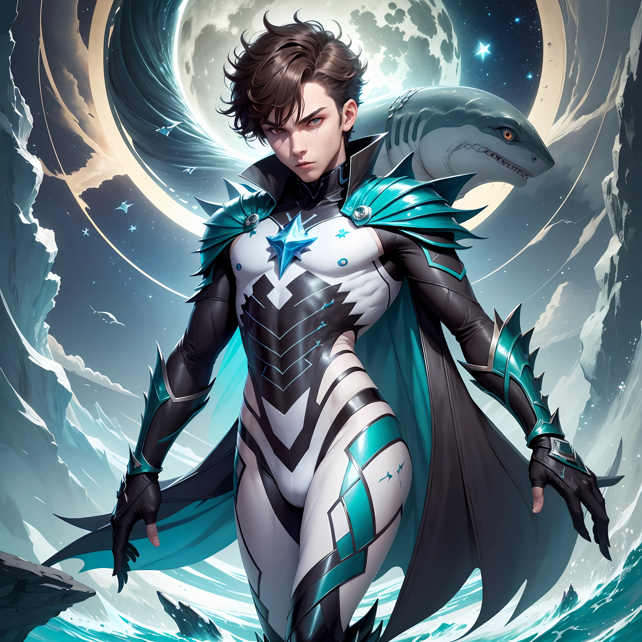 1boy, gayboy, solo, shark-man, (((HD IMAGINE))) ((8k))), monochromatic white eyes, brown hair, cosmic powers, thin, villain expression, white clothing with green and blue tones, sharp teeth, green eye, fins, scales, full body. (((detailed)))   Landscape: sea, moon, blood, stars --auto --s2