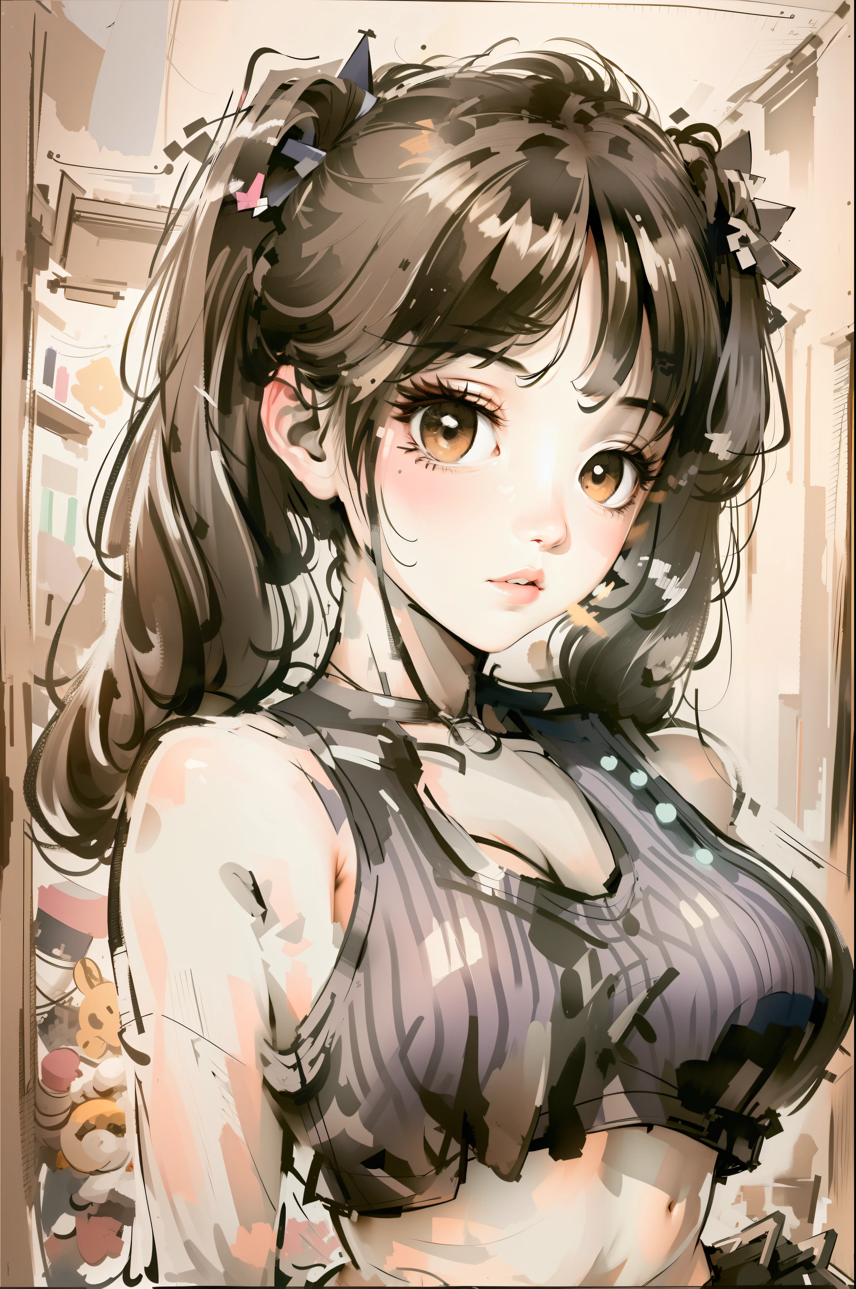 (best quality, masterpiece:1.1), (realistic:1.4), 1girl, upper body, tight crop top,twin tails, studio