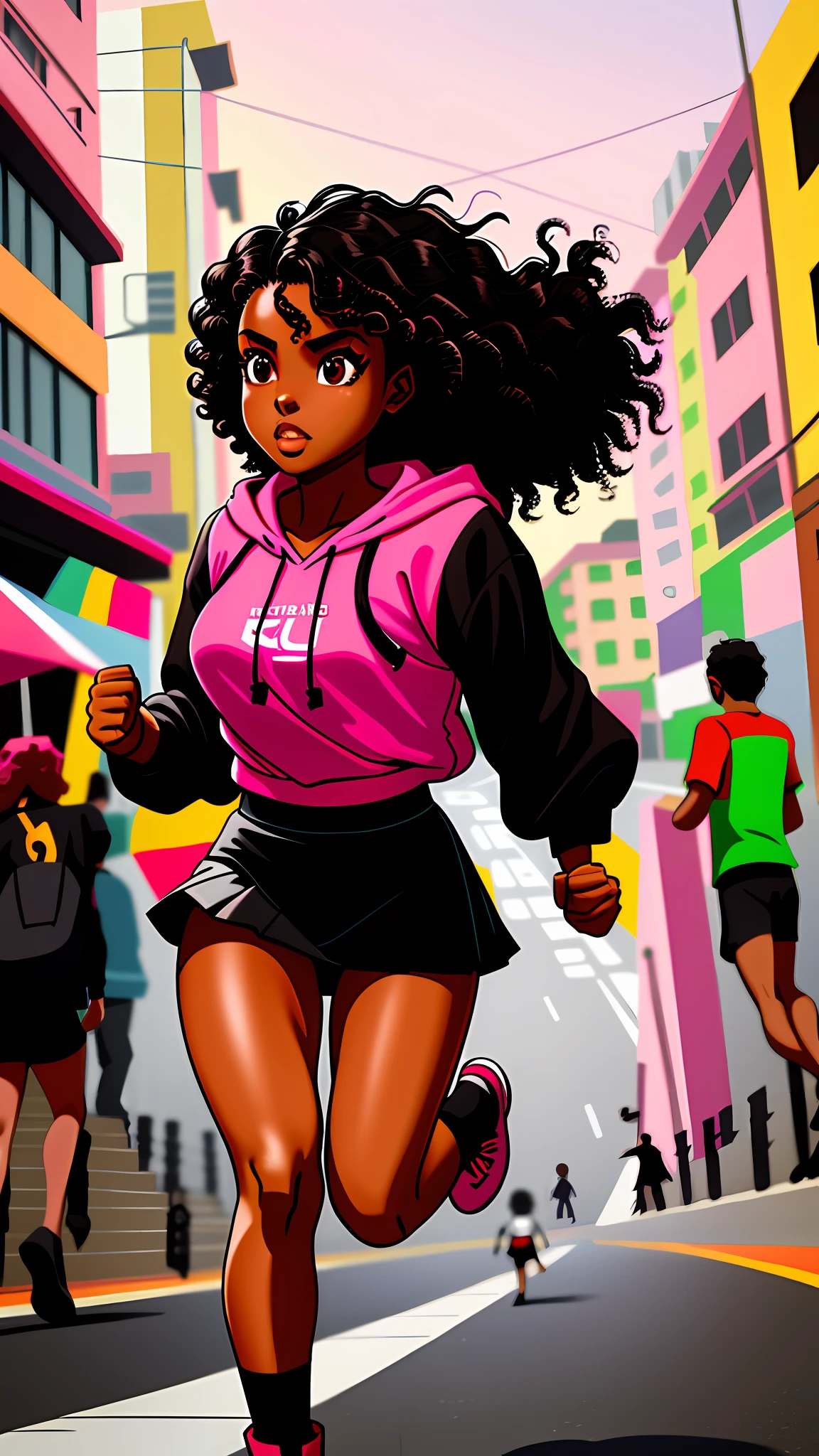 A black girl in Rio de Janeiro with curly black hair, wearing a mini-skirt with a pink long-sleeved mini-blouse with hood, (running towards the camera)