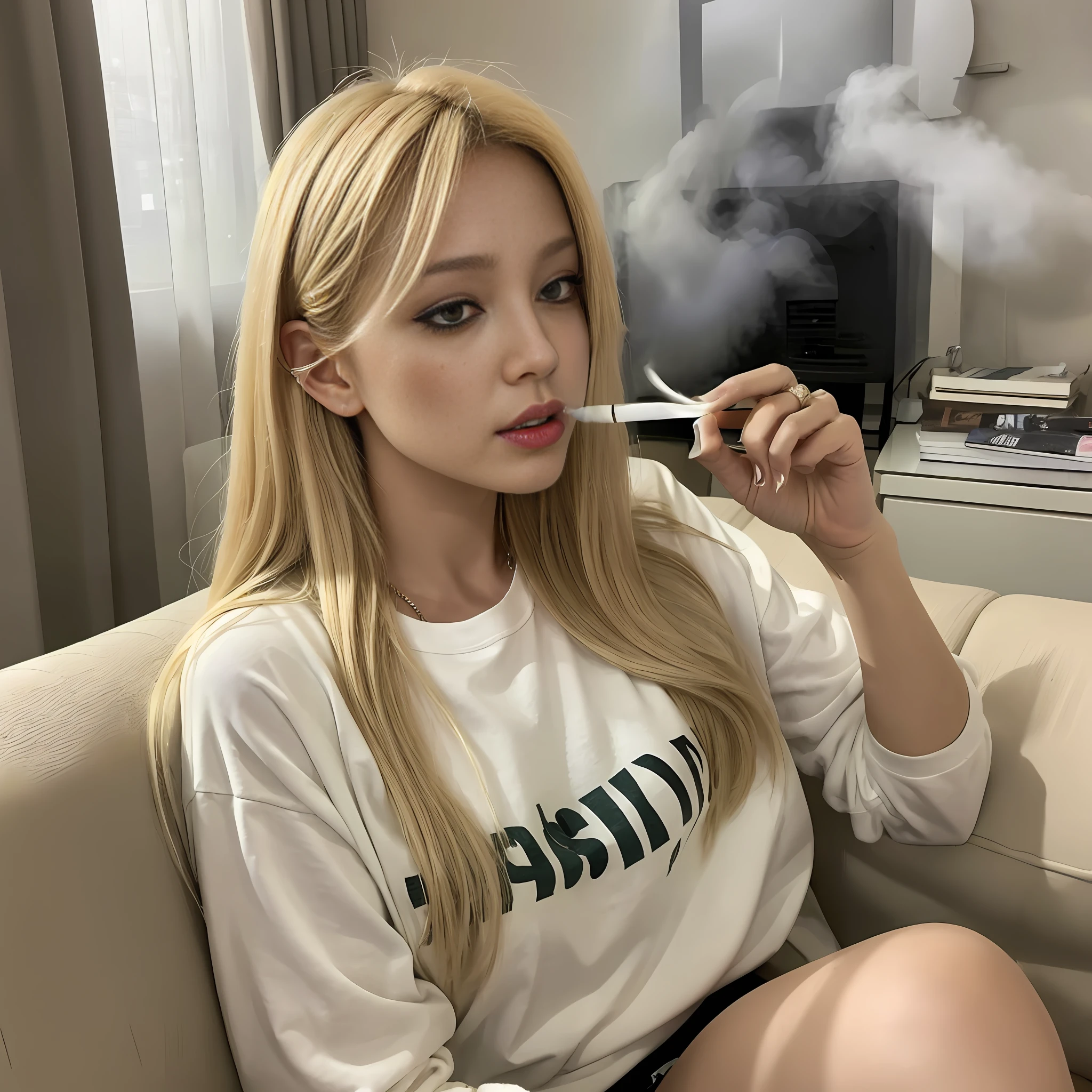 A large amount of white smoke is blown out of the mouth, white smoke drifts in the space,