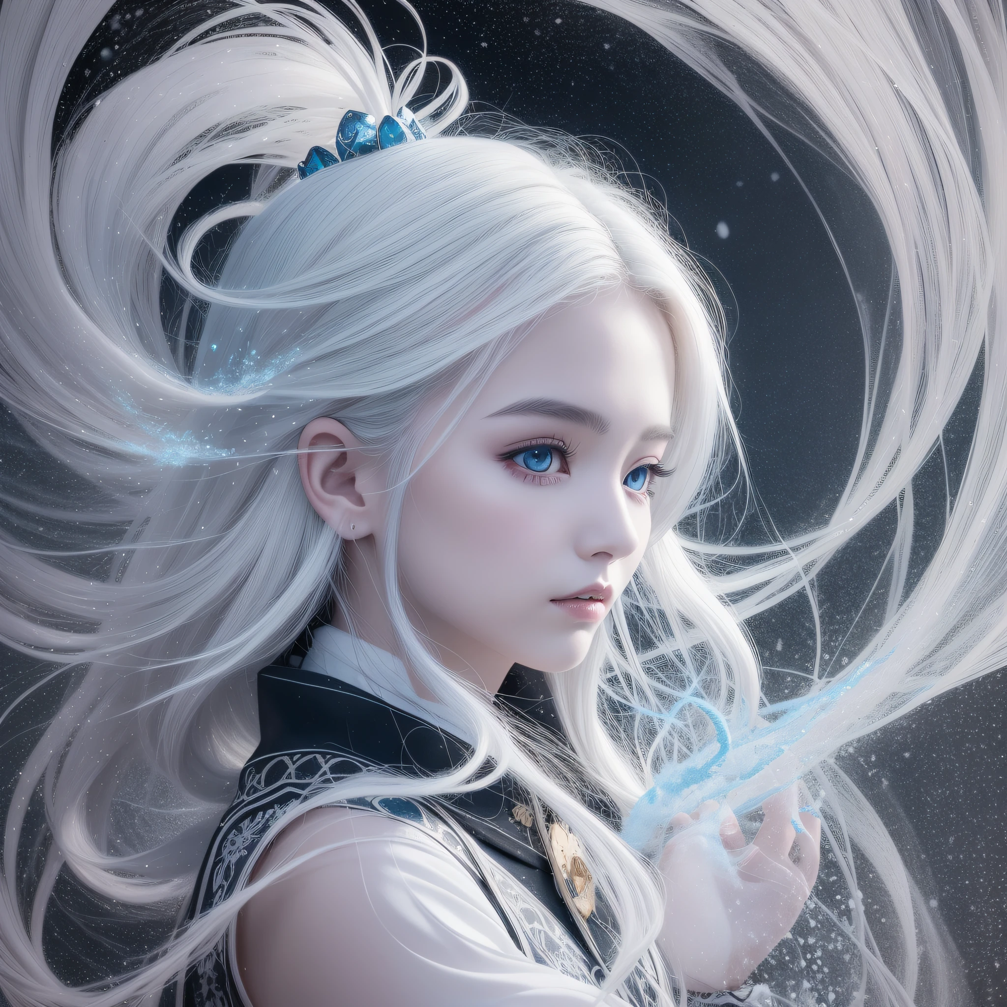 On the night of the blizzard, when the snow and wind were blowing violently, the snow spirit appeared, The spirit is very beautiful, wearing a white kimono, the skin is translucent white, the hair is long and black, the eyes shine blue, and the strong wind is violently shaking the long black hair of the spirit, in the dark, only the genie is illuminated, very fantastic, the genie has a snow-white beautiful face, a lonely pale face, eyes look lonely, a white dragon on the background, Interweaving photorealistic and zentangle and mandala, watercolor, wet-on-wet or splatter technique, center, perfect composition, abstract, surrealism, masterpiece, highest quality, ultra-detail, HDR, 8K