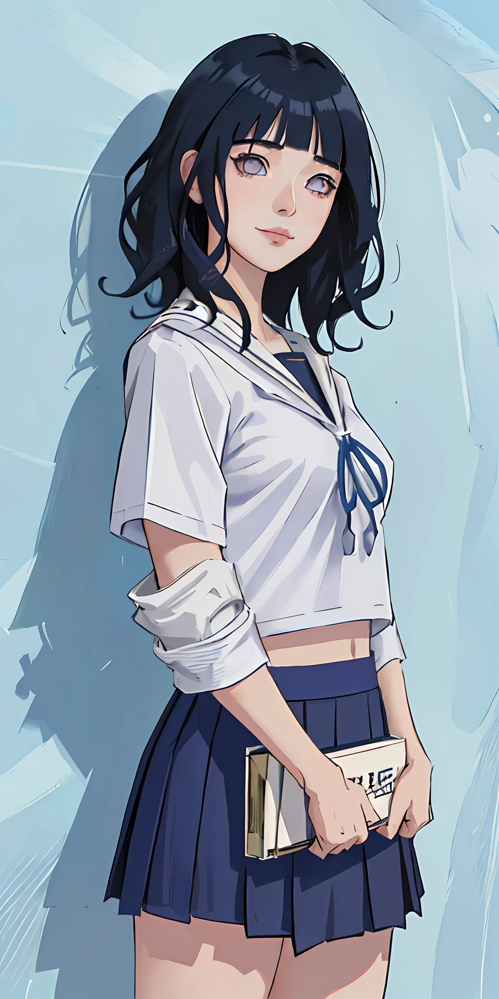 highres, ultra detailed), masterpiece, hinata\(boruto\), solo, 1girl,medium breasts, (((high school))), ((((high school attire)))), smile, (((medium hair))), blink blink effect, (((detailed lips))), knee crop, school building, from side, (((dark blue hair))) standing, looking at someone far away, cute face, young, (((wavy hair))), (((white top)))