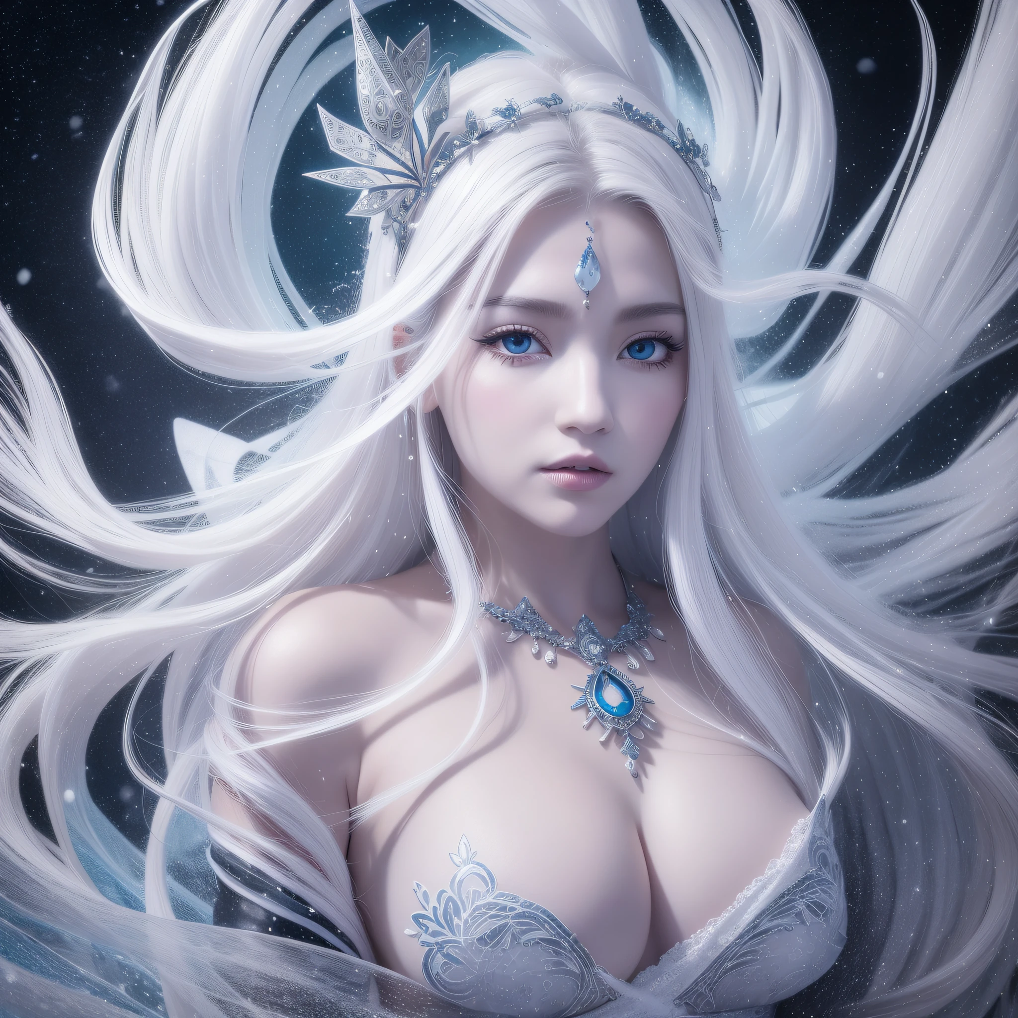 On the night of the blizzard, when the snow and wind were blowing violently, the snow spirit appeared, The spirit is very beautiful, wearing a white kimono, the skin is translucent white, the hair is long and black, the eyes shine blue, and the strong wind is violently shaking the long black hair of the spirit, in the dark, only the genie is illuminated, very fantastic, the genie has a snow-white beautiful face, a lonely pale face, eyes look lonely, a white dragon on the background, Interweaving photorealistic and zentangle and mandala, watercolor, wet-on-wet or splatter technique, center, perfect composition, abstract, surrealism, masterpiece, highest quality, ultra-detail, HDR, 8K