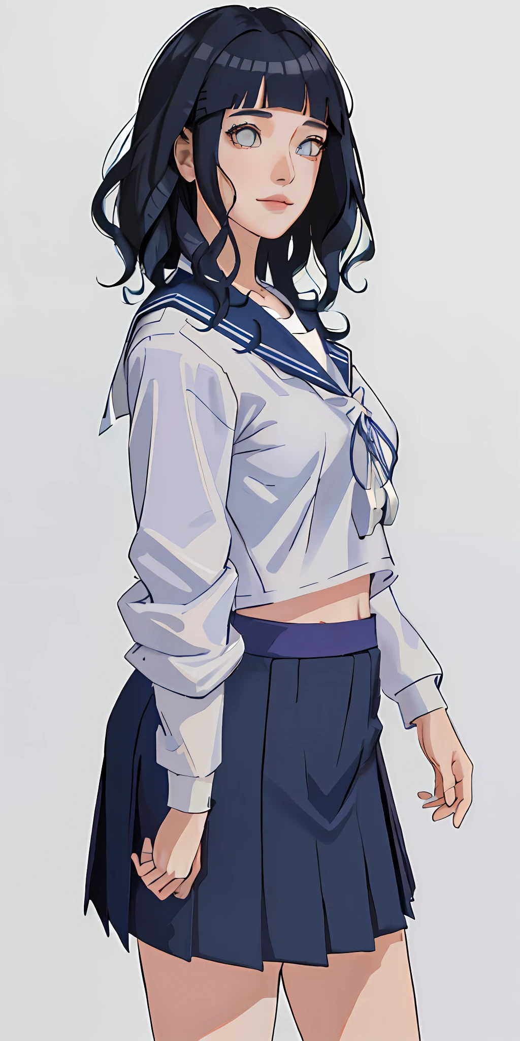 highres, ultra detailed), masterpiece, hinata\(boruto\), solo, 1girl,medium breasts, (((high school))), ((((high school attire)))), smile, (((medium hair))), blink blink effect, (((detailed lips))), knee crop, school building, from side, (((dark blue hair))) standing, looking at someone far away, cute face, young, (((wavy hair))), (((white top)))