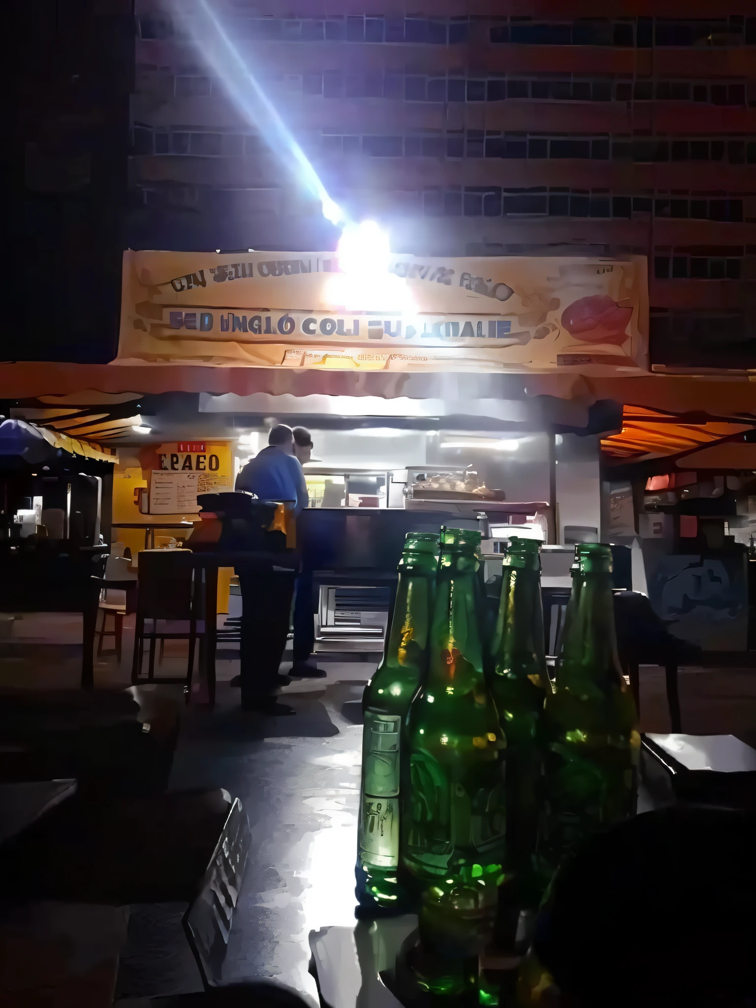 bottles of beer are lined up on a table outside a restaurant, food stall, food stalls, by Ceferí Olivé, with street food stalls, são paulo, photo taken at night, by Fernando Gerassi, by Giorgio Cavallon, by Willian Murai, by Gina Pellón, by Rodolfo Amoedo, salvador, by Luis Miranda