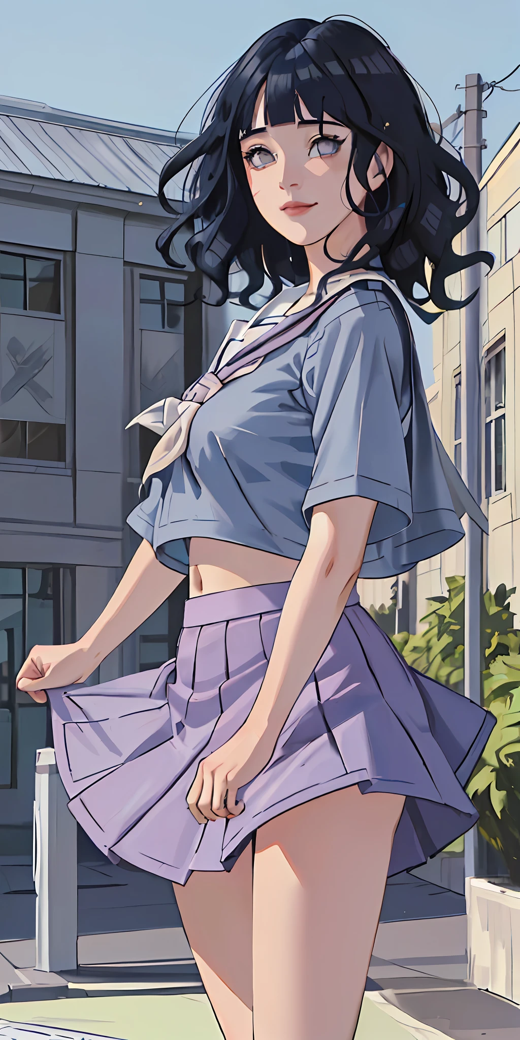 highres, ultra detailed), masterpiece, hinata\(boruto\), solo, 1girl,medium breasts, (((high school))), ((((high school attire)))), smile, (((medium hair))), blink blink effect, (((detailed lips))), knee crop, school building, from side, (((dark blue hair))) standing, looking at someone far away, cute face, young, (((wavy hair))), (((white top)))