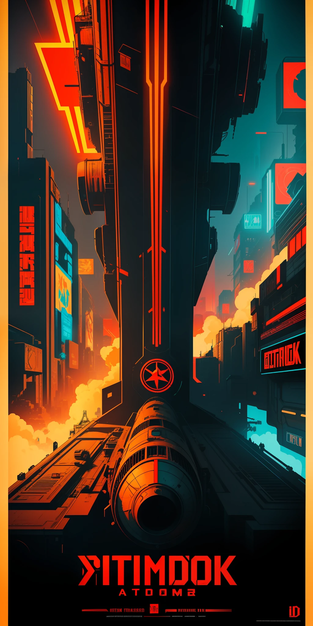 A highly detailed propaganda poster, The beautiful Atomic-bomb, pop art, typography, vintage paper, the rule of thirds, trending on artstation, UHD(cyberpunk) (neon(