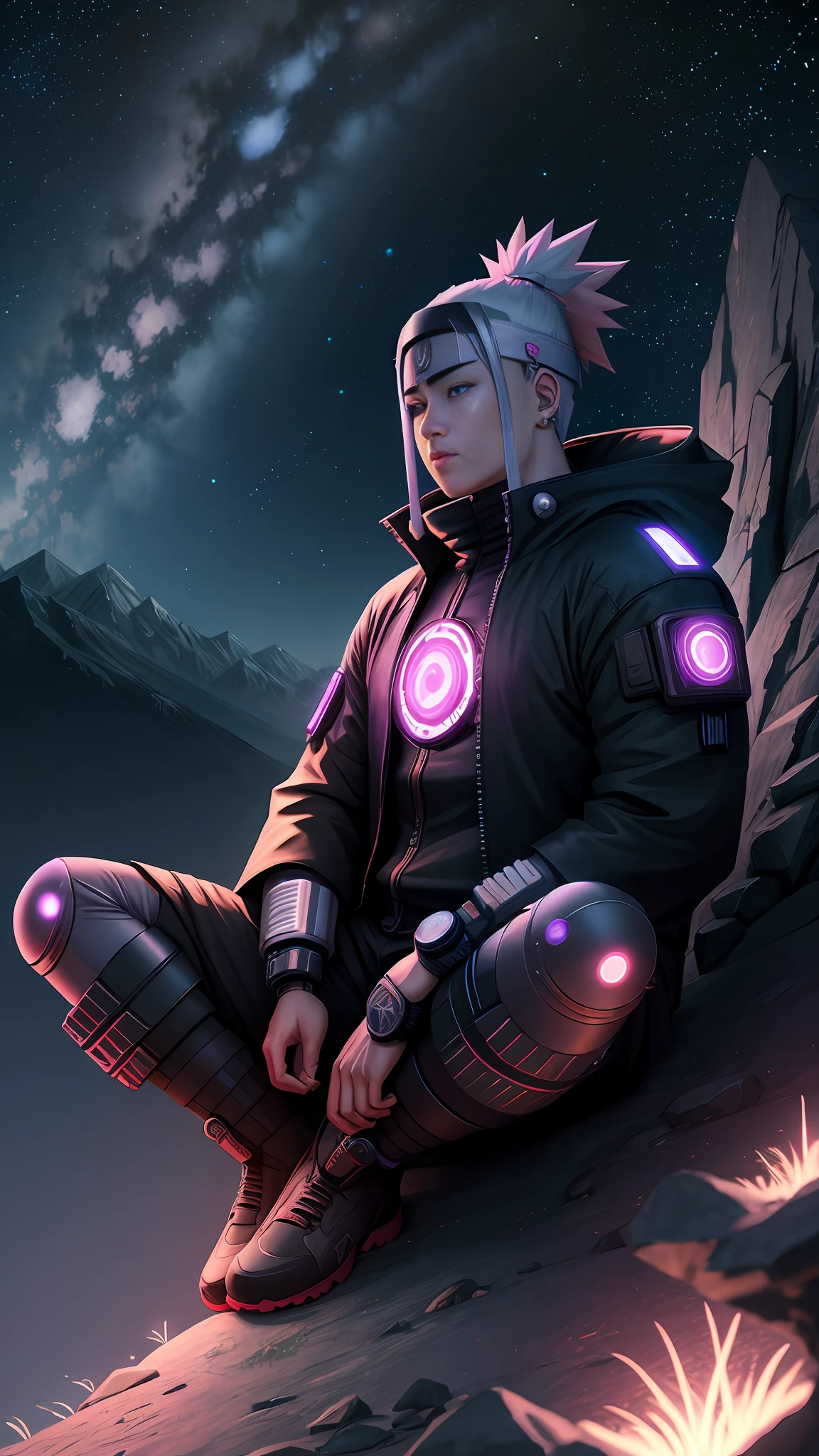 Cyberpunk Naruto meditating high on the mountain at night with starry background with ultra 16k cartoon lights
