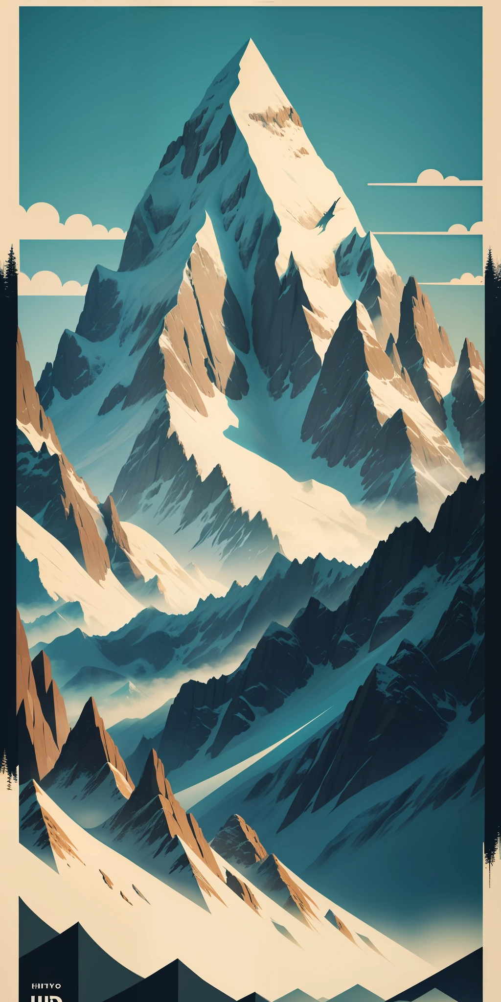 highly detailed publicity poster beautiful tall mountains and trees pop art typography vintage paper rule of thirds trending on artstation uhd