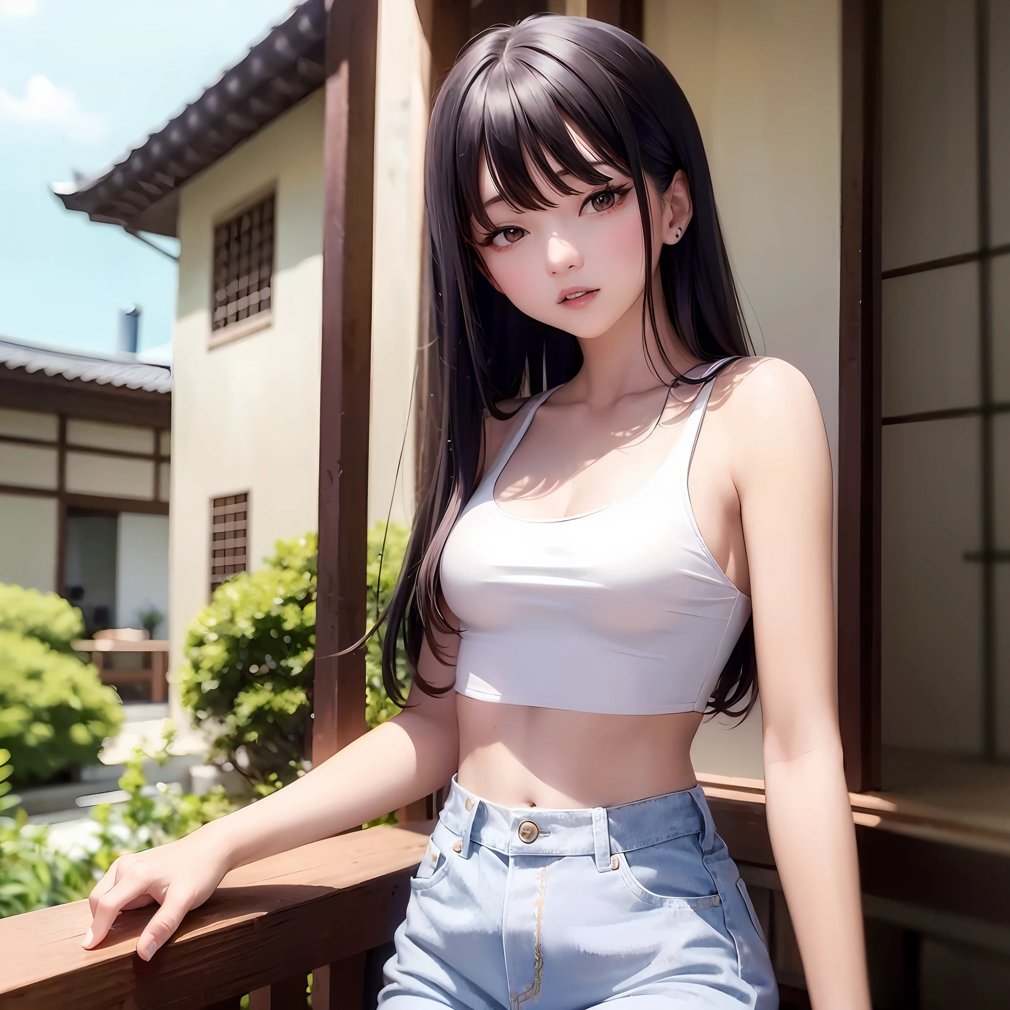 arafed asian woman in white top standing on a balcony, beautiful asian girl, gorgeous young korean woman, beautiful asian woman, japanese model, beautiful south korean woman, beautiful japanese girls face, beautiful young korean woman, photo of slim girl model, wearing a low cut tanktop, wearing white camisole, 2 4 old female model, flat chested --auto --s2