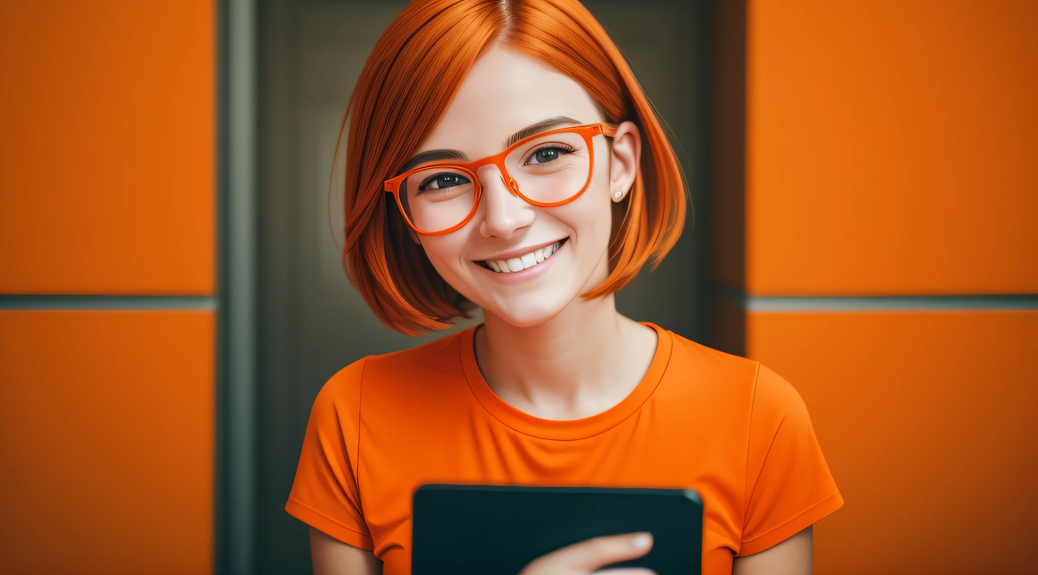ma character 27 year old woman wearing beautiful orange glasses and smiling wearing a plain orange mesh t-shirt, very short and spiky orange brown hair, working an advertising agency with orange walls, blurred background, smiling, cinematic lighting, shallow depth of field, 8k uhd, DSLR, 35mm 1.8 lens, masterpiece, high quality, photorealistic, realism, hyperrealism, art photography --auto --s2