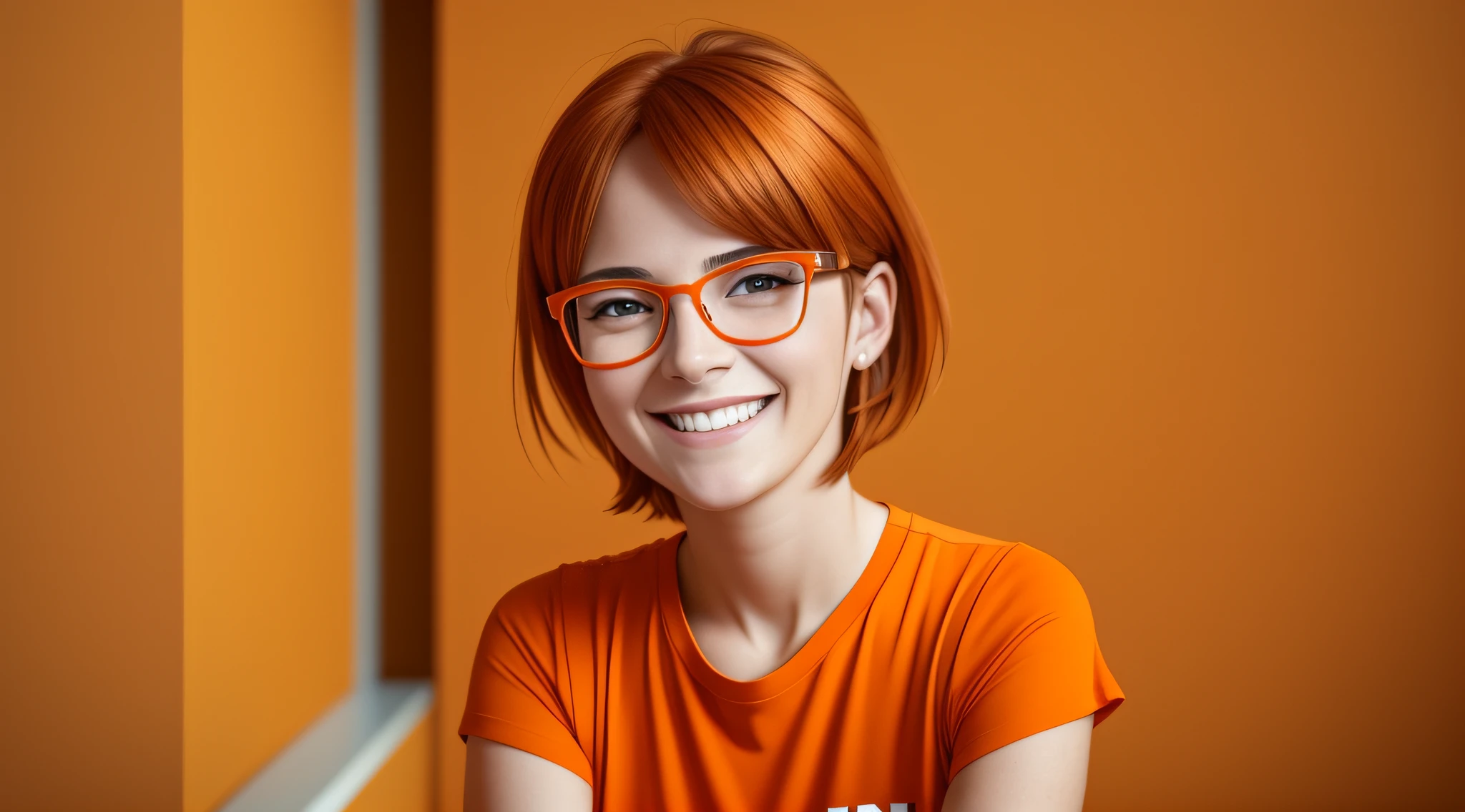 ma character 27 year old woman wearing beautiful orange glasses and smiling wearing a plain orange mesh t-shirt, very short and spiky orange brown hair, working an advertising agency with orange walls, blurred background, smiling, cinematic lighting, shallow depth of field, 8k uhd, DSLR, 35mm 1.8 lens, masterpiece, high quality, photorealistic,  realism, hyperrealism, art photography --auto --s2