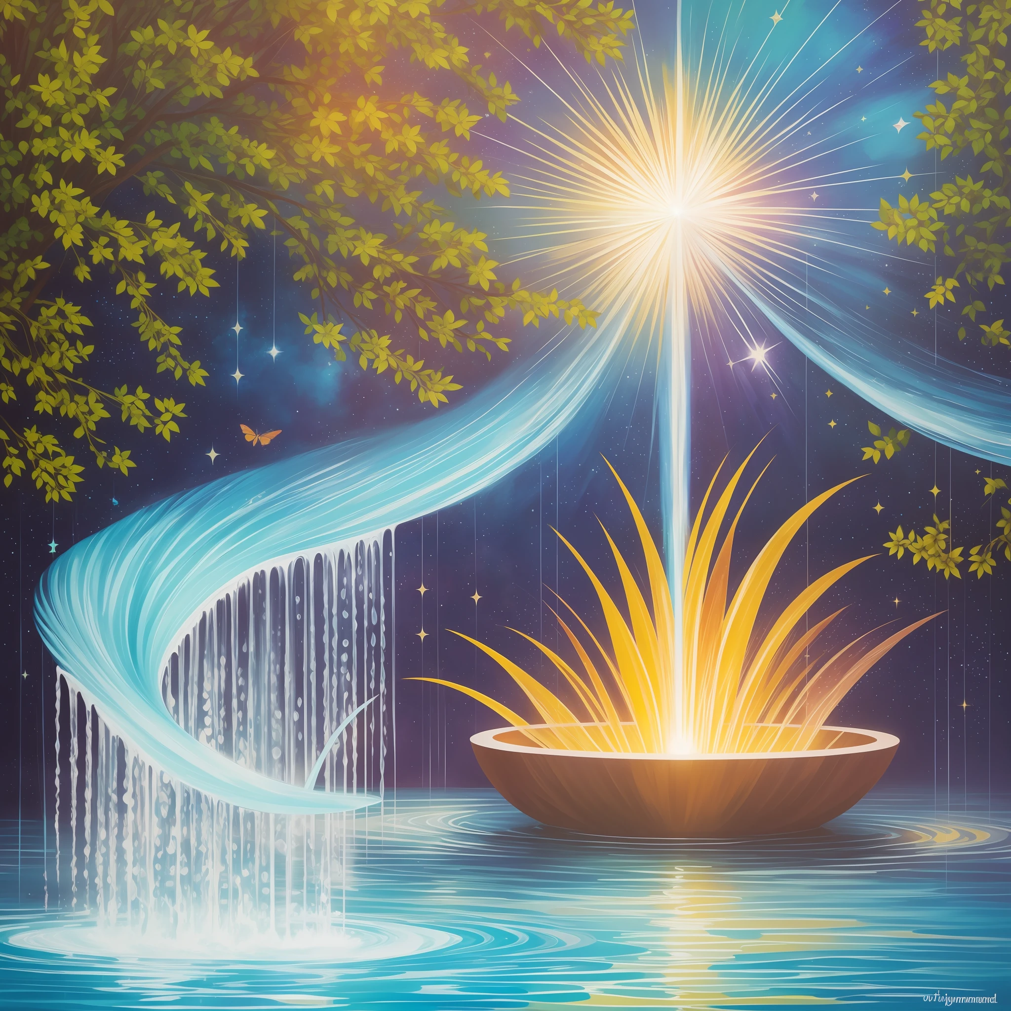 Create a painting that captures the essence of the card "The Source of Desires" and conveys the sense of accomplishment, manifestation and fluidity. Use a vibrant and engaging color palette to convey the positive energy and magic of the manifestation process.
In the center of the painting, depict a majestic fountain gushing crystal clear, sparkling water. Paint the water with shades of deep blue and turquoise, symbolizing the purity, clarity, and fluidity of the energy flow. Add details of brightness and reflections to convey the feeling of magic and enchantment.
Around the fountain, paint elements that represent your desires and dreams. For example, you can include symbols that symbolize your goals, such as stars, flowers, birds, or elements that represent your specific desires. Use vibrant, warm colors to represent the passion and energy you invest in your desires.
Create an engaging setting that conveys a sense of expansion and endless possibilities. Paint a starry sky or an open horizon, representing the vast potential that is available to you. Use soft tones and color transitions to create an effect of transition and movement, symbolizing the constant flow of energy and manifestation.
Add light and brightness detail to the painting by highlighting the font and surrounding elements. Use lighter tones or highlight with white brush strokes to create highlights that represent positive energy and wish fulfillment.
Finally, add elements of gratitude and celebration. Paint people around the fountain, smiling and interacting in a positive way, symbolizing the joy and fulfillment that accompanies the manifestation of desires. You can also include elements that represent gratitude, such as butterflies or hearts, to convey the importance of appreciating and being thankful for accomplishments achieved.