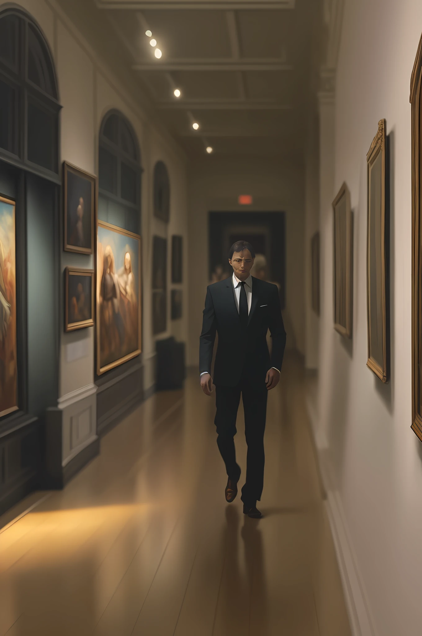 Man d suit on his back watching two women inside an art gallery, masterpiece quality, high resolution, realistic oil painting, dynamic framing, delicate silhouette, soft focus, rich color palette, quiet and nostalgic scene, diffuse light, full-bodied texture.