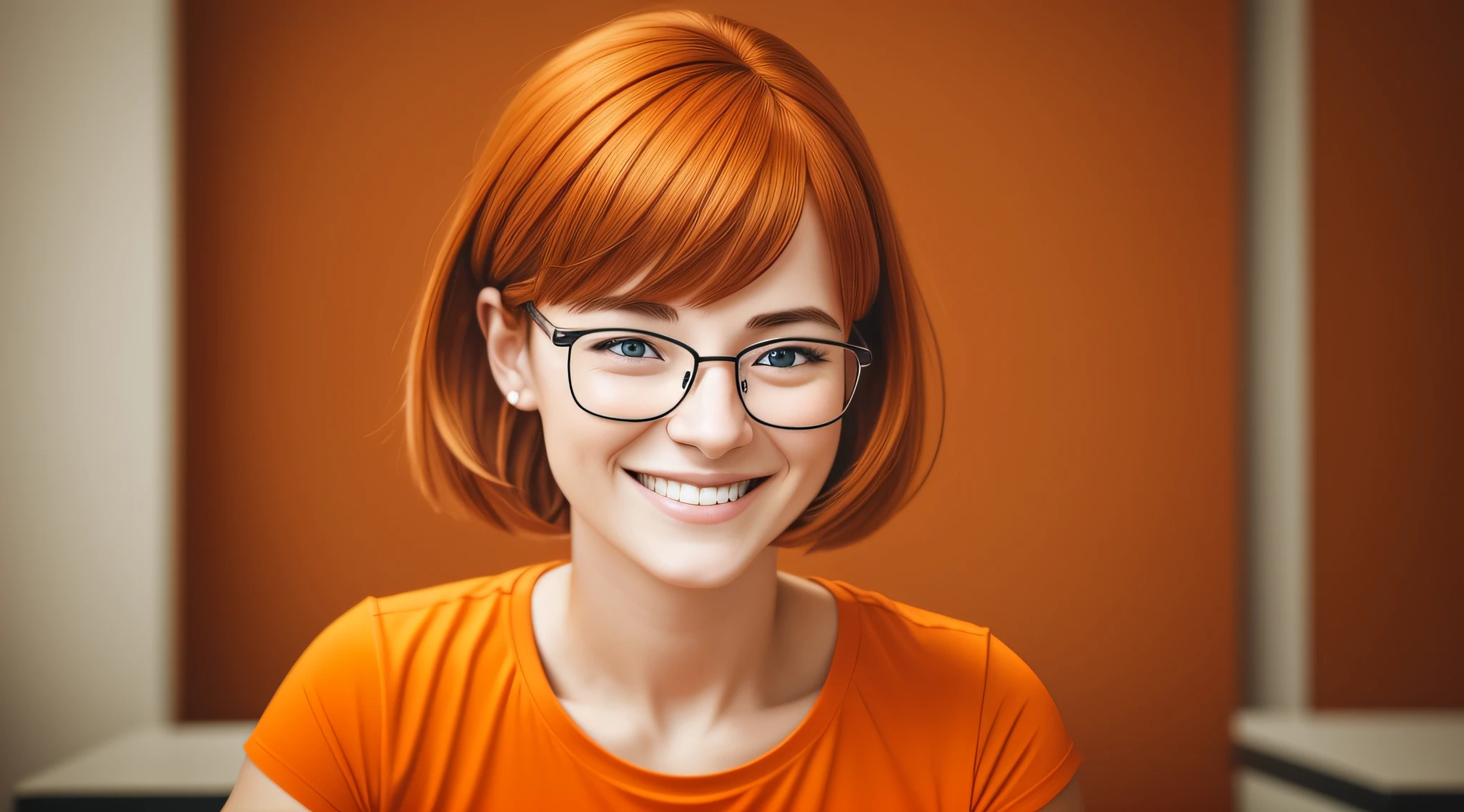 ma character 27 year old woman wearing beautiful orange glasses and smiling wearing a plain orange mesh t-shirt, very short and spiky orange brown hair, working an advertising agency with orange walls, blurred background, smiling, cinematic lighting, shallow depth of field, 8k uhd, DSLR, 35mm 1.8 lens, masterpiece, high quality, photorealistic, realism, hyperrealism, art photography --auto --s2