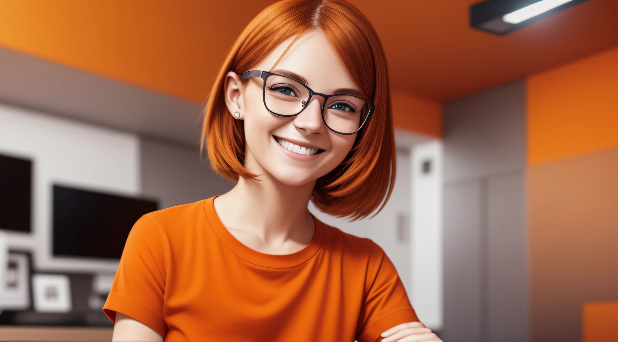 a character 27 year old woman wearing beautiful orange glasses and smiling wearing a plain orange knit t-shirt, very short and spiky orange brown hair, working an advertising agency with orange walls, blurred background, looking at the monitor of an iMac, smiling, cinematic lighting, shallow depth of field, 8k uhd, dslr, 35 mm 1.8 lens, masterpiece, high quality, photorealistic, realism, hyperrealism, art photography --auto --s2