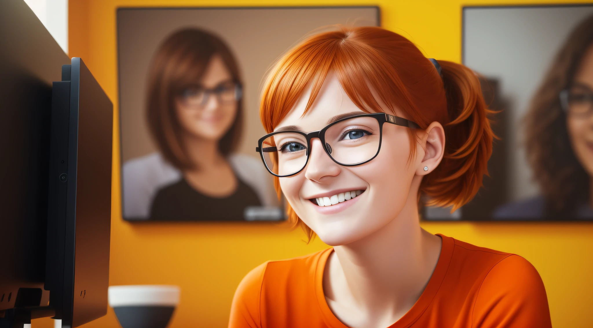 a character 27 year old woman wearing beautiful orange glasses and smiling wearing a plain orange knit t-shirt, very short and spiky orange brown hair, working an advertising agency with orange walls, blurred background, looking at the monitor of an iMac, smiling, cinematic lighting, shallow depth of field, 8k uhd, dslr, 35 mm 1.8 lens, masterpiece, high quality, photorealistic, realism, hyperrealism, art photography --auto --s2