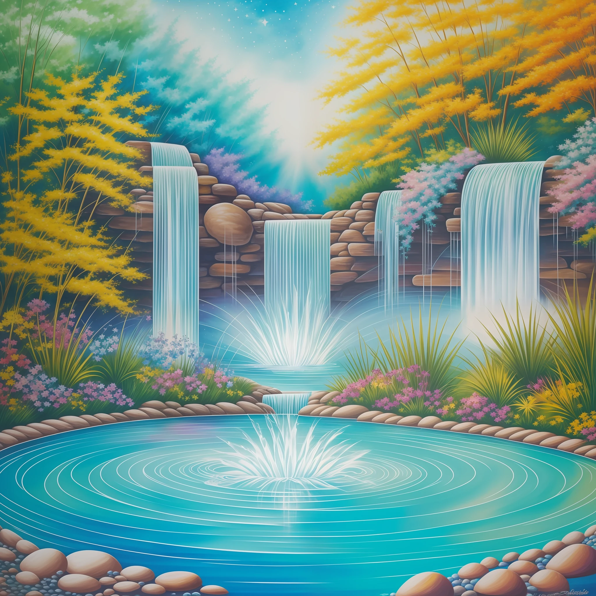 Create a painting that captures the essence of the card "The Source of Desires" and conveys the sense of accomplishment, manifestation and fluidity. Use a vibrant and engaging color palette to convey the positive energy and magic of the manifestation process.
In the center of the painting, depict a majestic fountain gushing crystal clear, sparkling water. Paint the water with shades of deep blue and turquoise, symbolizing the purity, clarity, and fluidity of the energy flow. Add details of brightness and reflections to convey the feeling of magic and enchantment.
Around the fountain, paint elements that represent your desires and dreams. For example, you can include symbols that symbolize your goals, such as stars, flowers, birds, or elements that represent your specific desires. Use vibrant, warm colors to represent the passion and energy you invest in your desires.
Create an engaging setting that conveys a sense of expansion and endless possibilities. Paint a starry sky or an open horizon, representing the vast potential that is available to you. Use soft tones and color transitions to create an effect of transition and movement, symbolizing the constant flow of energy and manifestation.
Add light and brightness detail to the painting by highlighting the font and surrounding elements. Use lighter tones or highlight with white brush strokes to create highlights that represent positive energy and wish fulfillment.
Finally, add elements of gratitude and celebration. Paint people around the fountain, smiling and interacting in a positive way, symbolizing the joy and fulfillment that accompanies the manifestation of desires. You can also include elements that represent gratitude, such as butterflies or hearts, to convey the importance of appreciating and being thankful for accomplishments achieved.