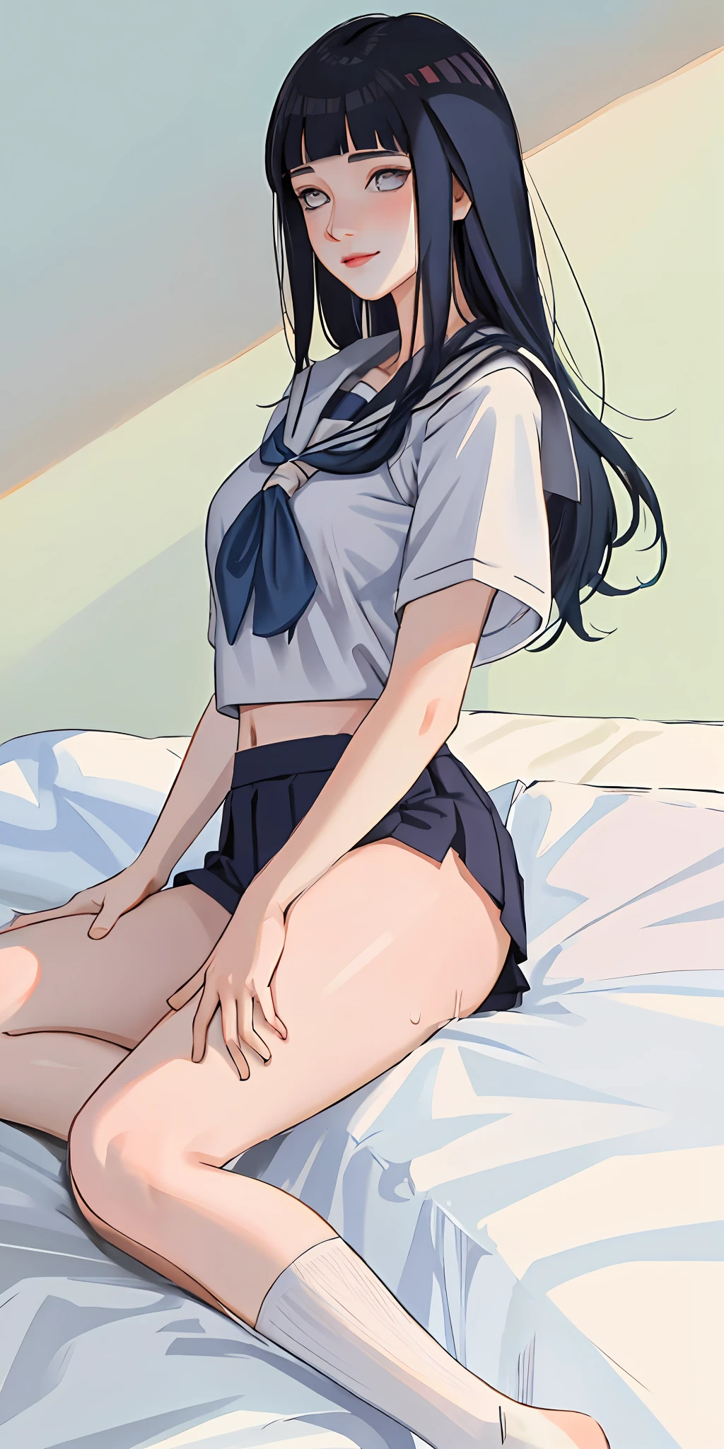 highres, ultra detailed), masterpiece, hinata\(boruto\), solo, 1girl,medium breasts, (((high school))), ((((high school attire)))), smile, (((long hair))), blink blink effect, (((detailed lips))), knee crop, school building, from side, (((dark blue hair))) lying in bed, looking at someone far away, cute face, young, (((white top))), open legs, sexy, sweaty, moaning