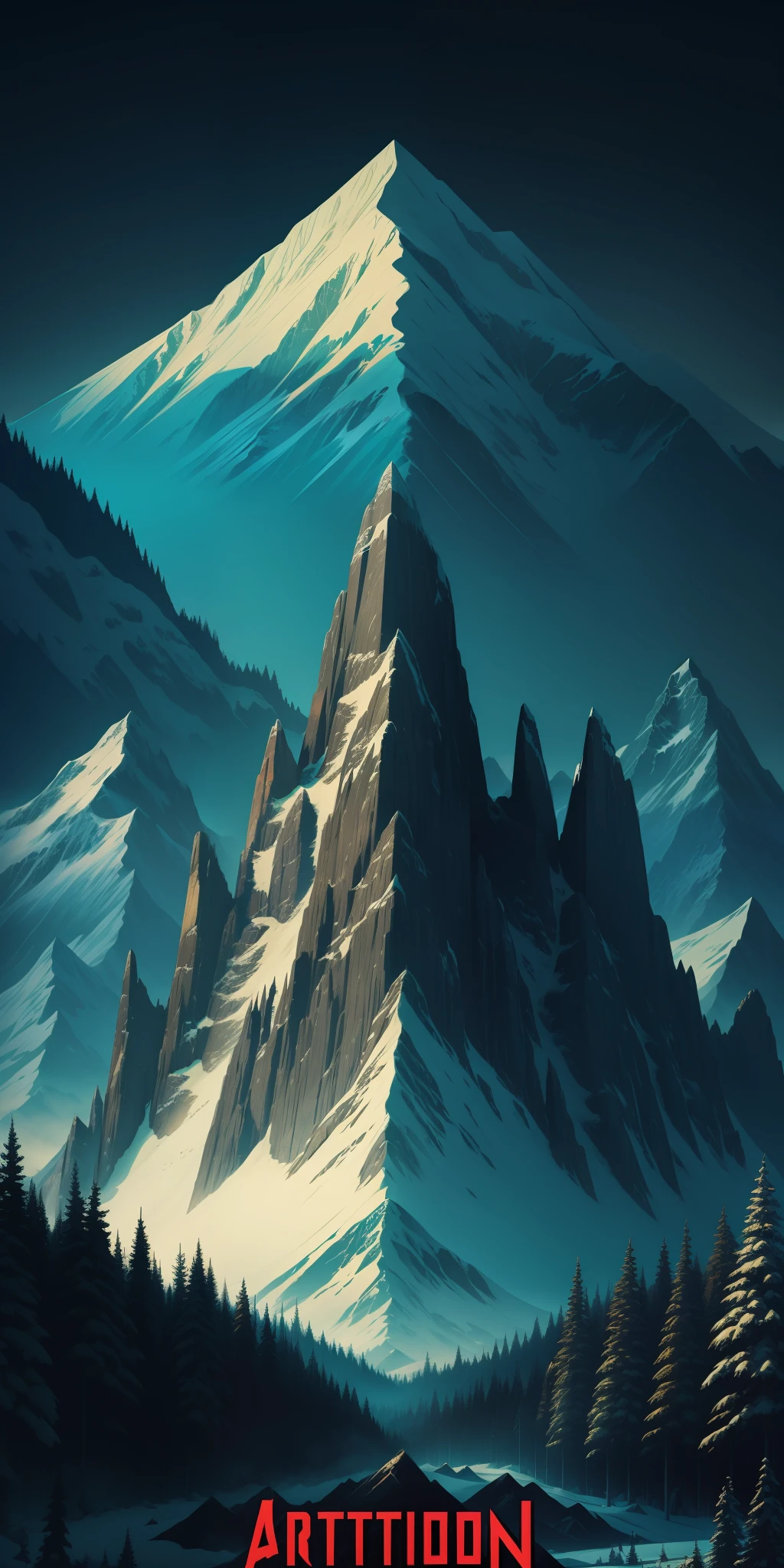 highly detailed publicity poster beautiful tall mountains and trees pop art typography vintage paper rule of thirds trending on artstation uhdcyberpunk) (neon(