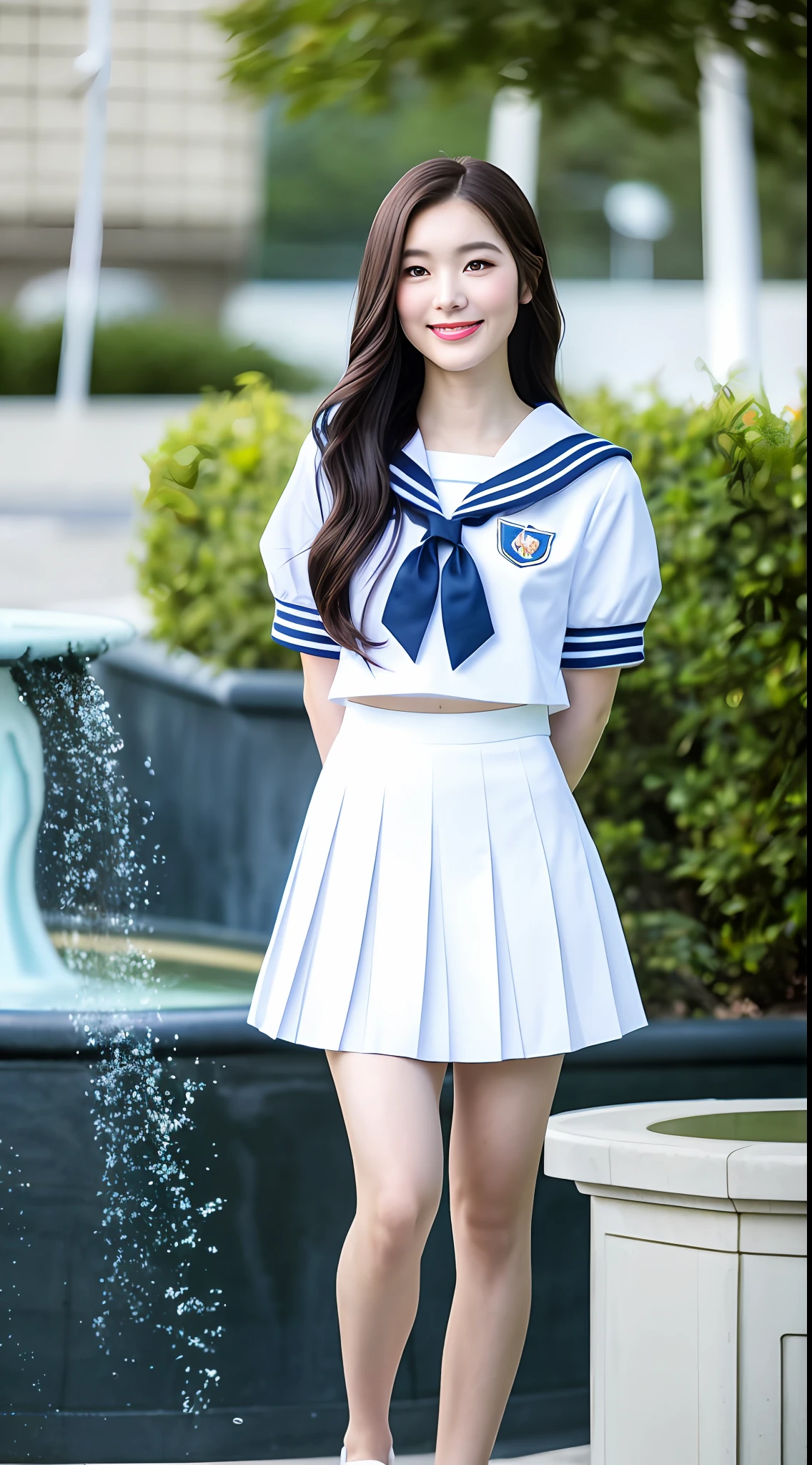 Realistic photos of shoulder length hair, thin makeup, (small), fountain, clear facial features, 8K high resolution, sharp and realistic details, full body, high school uniform, white skin, white sailor suit, mini skirt, pleated skirt, f/4.0, 135mm, Fujifilm, jpeg artifact, dithering, UHD, masterpiece, wind, cherry, blur,