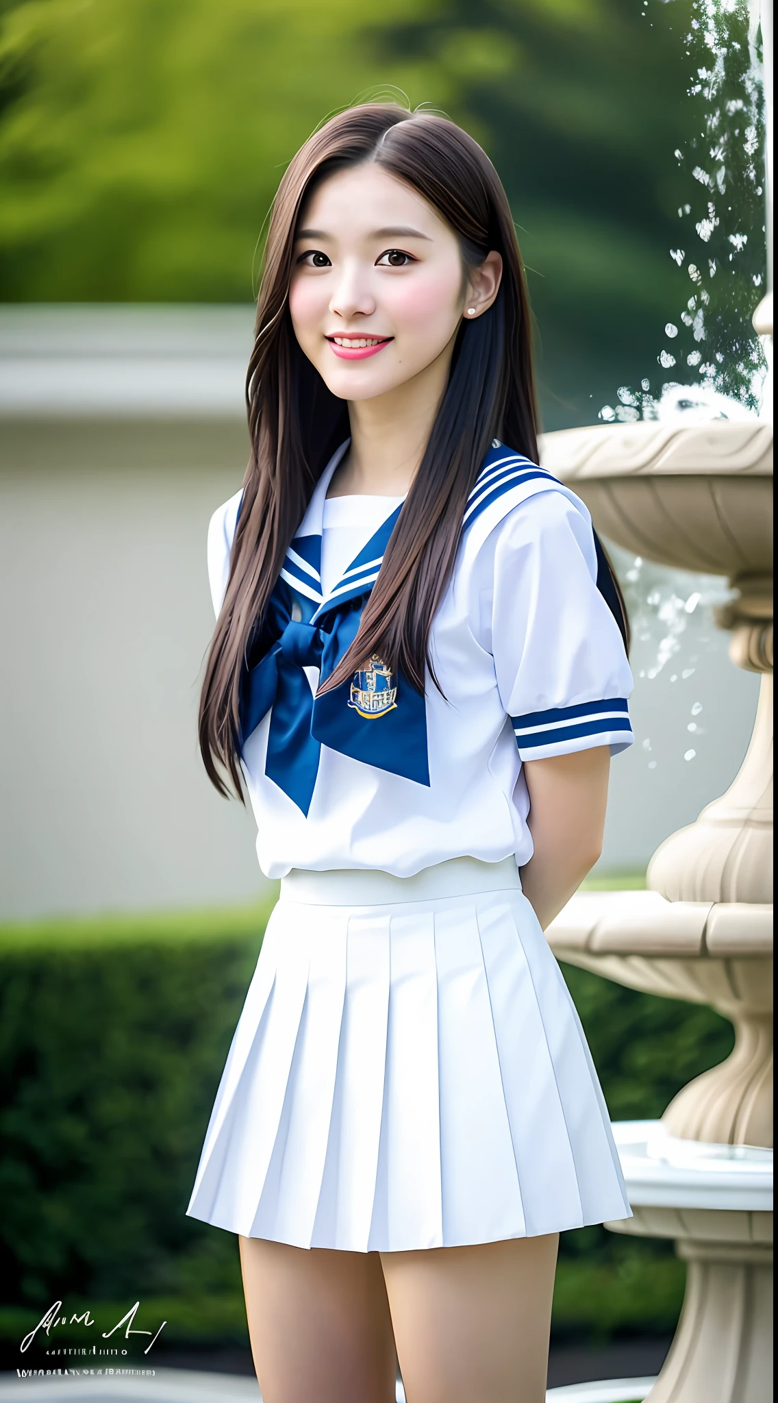 Realistic photos of shoulder length hair, thin makeup, (small), fountain, clear facial features, 8K high resolution, sharp and realistic details, full body, high school uniform, white skin, white sailor suit, mini skirt, pleated skirt, f/4.0, 135mm, Fujifilm, jpeg artifact, dithering, UHD, masterpiece, wind, cherry, blur,