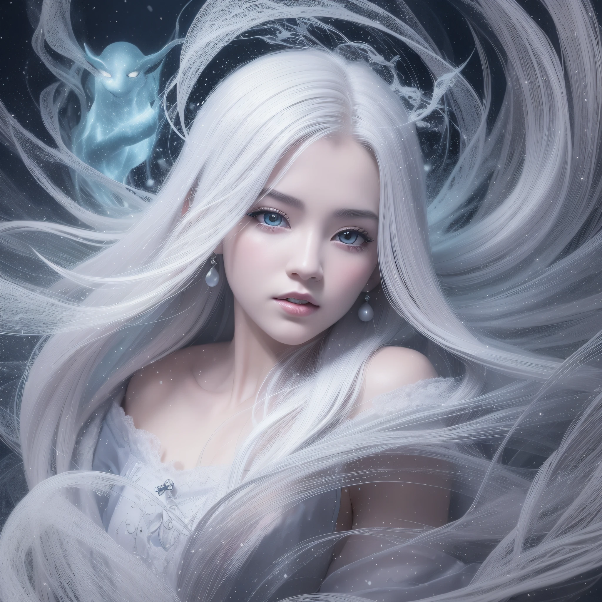 On the night of the blizzard, when the snow and wind were blowing violently, the snow spirit appeared, The spirit is very beautiful, wearing a white kimono, the skin is translucent white, the hair is long and black, the eyes shine blue, and the strong wind is violently shaking the long black hair of the spirit, in the dark, only the genie is illuminated, very fantastic, the genie has a snow-white beautiful face, a lonely pale face, eyes look lonely, a white dragon on the background, Interweaving photorealistic and zentangle and mandala, watercolor, wet-on-wet or splatter technique, cowboy shot, center, perfect composition, abstract, surrealism, masterpiece, highest quality, ultra-detail, HDR, 8K