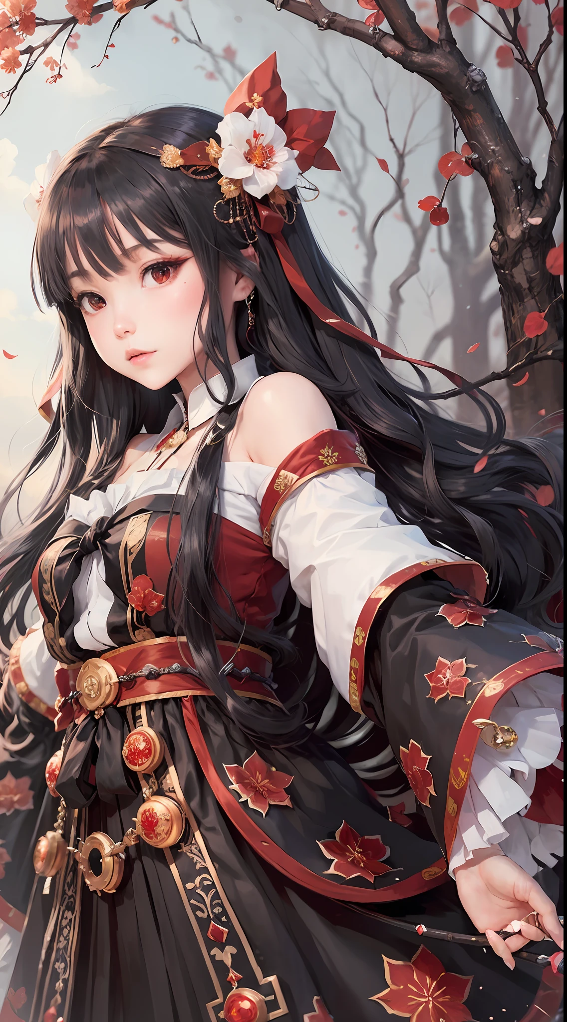 masterpiece, best quality, 1girl,houraisan kaguya, jeweled branch of hourai,branch,black hair,long hair,red eyes,skirt, wide sleeves,grey background, look viewer