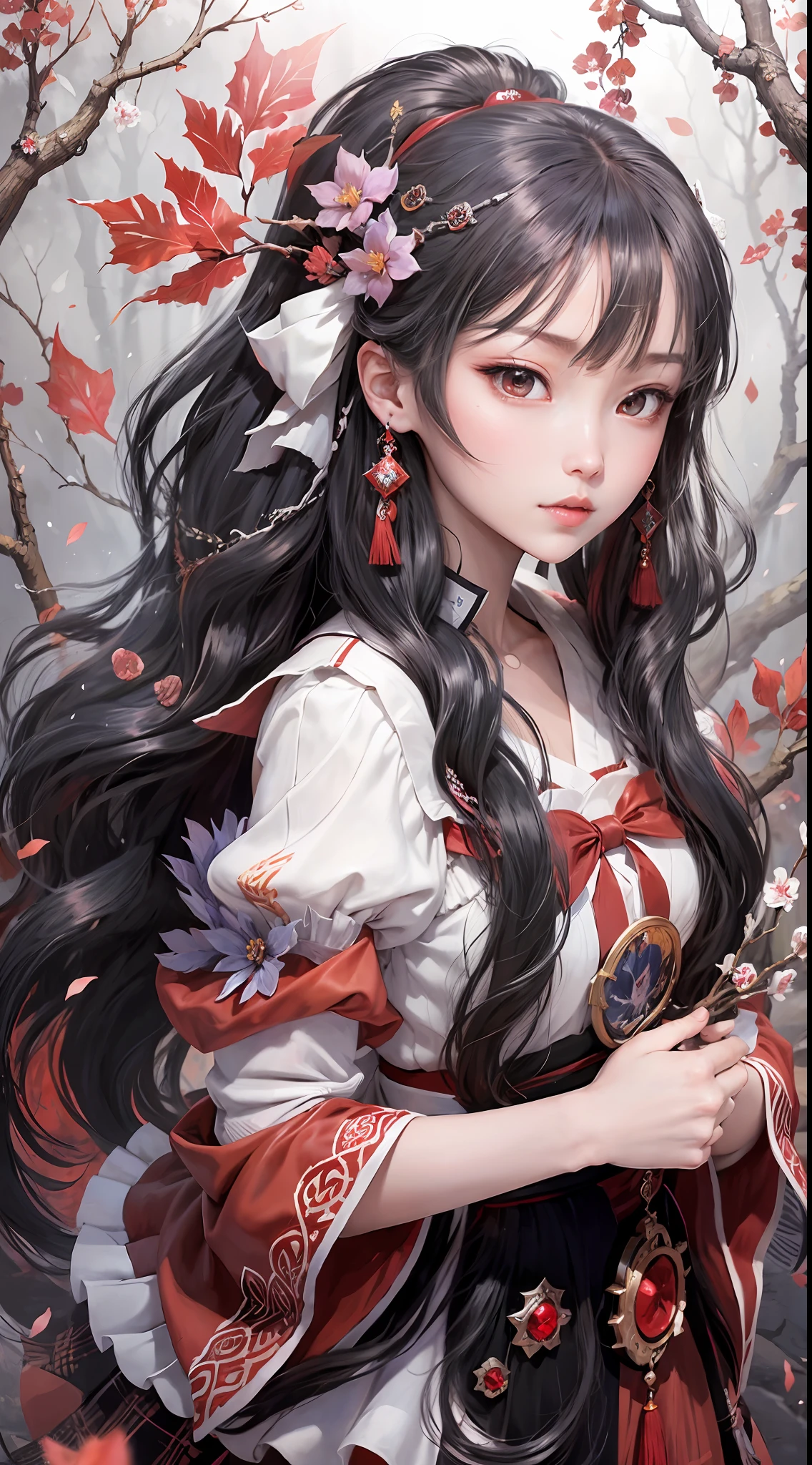 masterpiece, best quality, 1girl,houraisan kaguya, jeweled branch of hourai,branch,black hair,long hair,red eyes,skirt, wide sleeves,grey background, look viewer