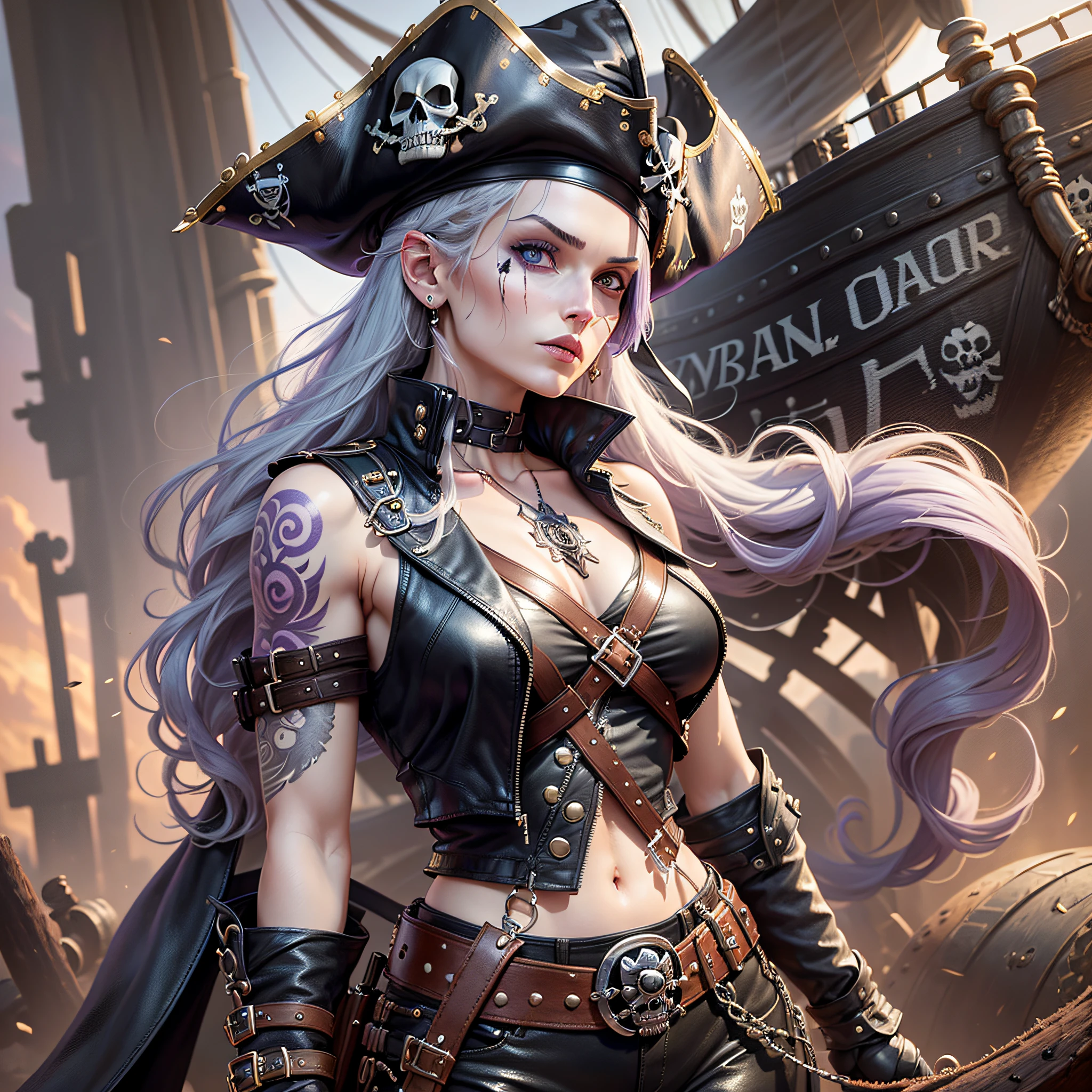 masterpiece, absurdity, highest quality, intricate details , (fine skin, shiny skin, shiny hair, pale complexion), (purple sky), primetime, sunset, pirate ship, (skull mark on pirate ship)), ambitious, seductive woman, gray hair, (((eye patch)), detailed tattoos, leather clothes, sleeveless clothes, leather coat, leather gloves, pure gold bangles, leather trousers, black trousers, Pirate hat, hat with skull mark, ((leather belt)), holding a saber, looking into the distance
