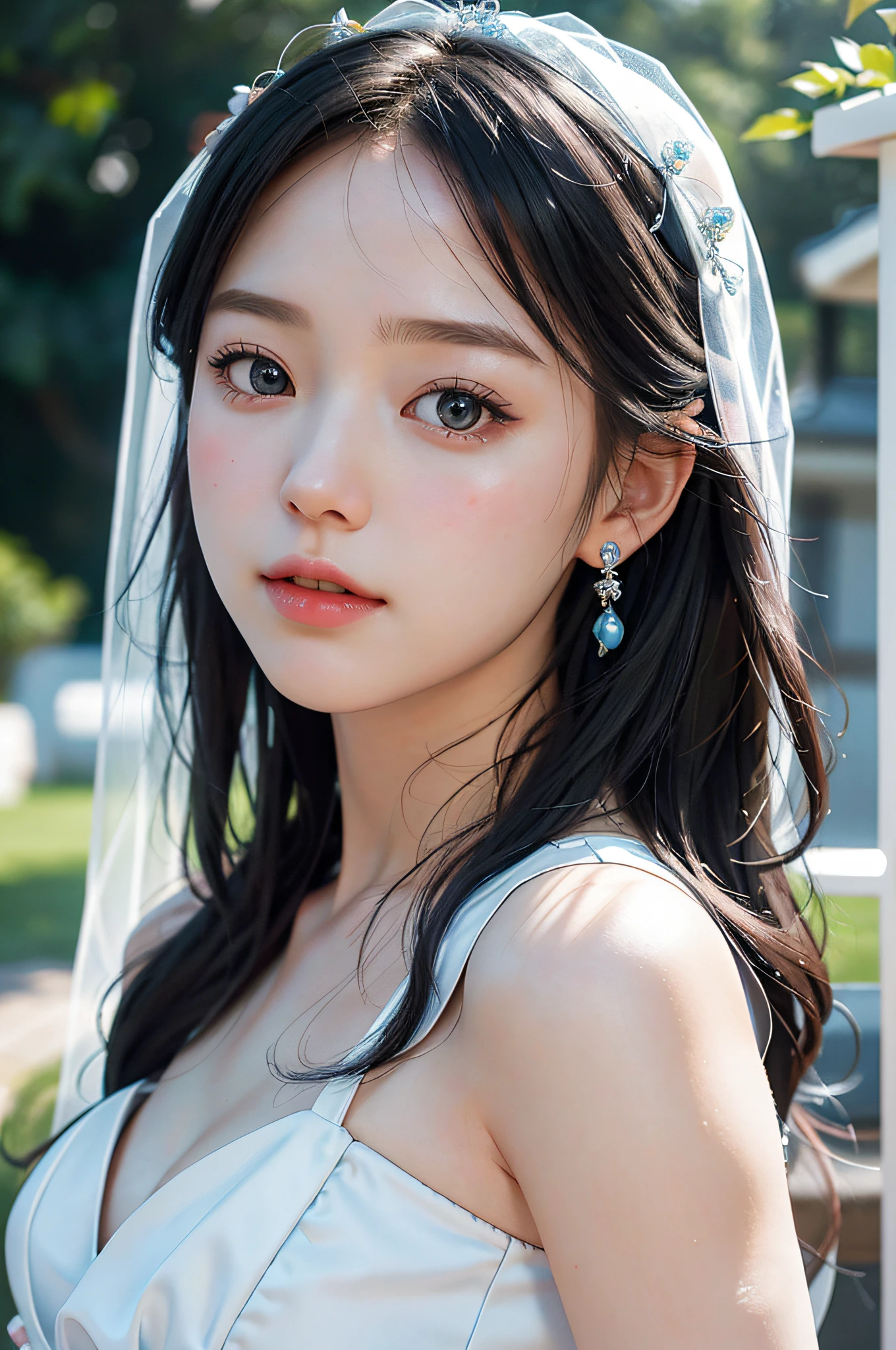 sky blue wedding dress,white mini skirt,kawaii, idol, (sweat:0.7),woman,japanese,exquisite face, beautiful face,bare shoulders,shoulders all exposed,translucent skin,black eyes,black hair,(photorealistic:1.4),realistic details, high resolution,bokeh,outstanding details