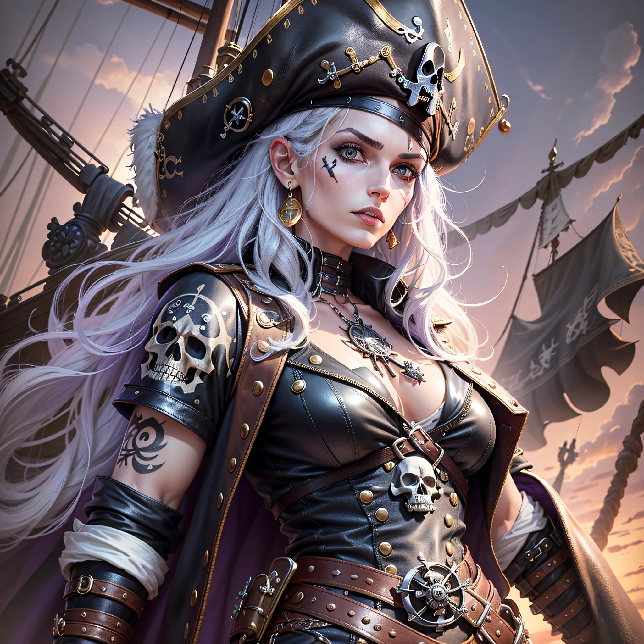 masterpiece, absurdity, highest quality, intricate details , (fine skin, shiny skin, shiny hair, pale complexion), (purple sky), primetime, sunset, pirate ship, (skull mark on pirate ship)), ambitious, seductive woman, gray hair, (((eye patch)), detailed tattoos, leather clothes, sleeveless clothes, leather coat, leather gloves, pure gold bangles, leather trousers, black trousers, Pirate hat, hat with skull mark, ((leather belt)), holding a saber, looking into the distance