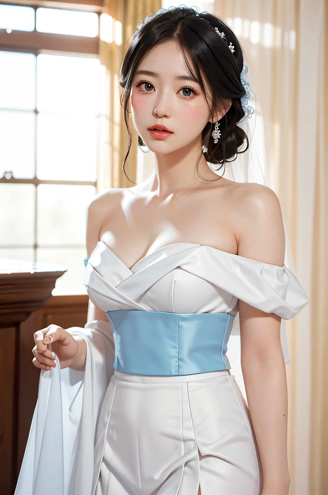 sky blue wedding dress,white mini skirt,kawaii, idol, (sweat:0.7),woman,japanese,exquisite face, beautiful face,bare shoulders,shoulders all exposed,translucent skin,black eyes,black hair,(photorealistic:1.4),realistic details, high resolution,bokeh,outstanding details