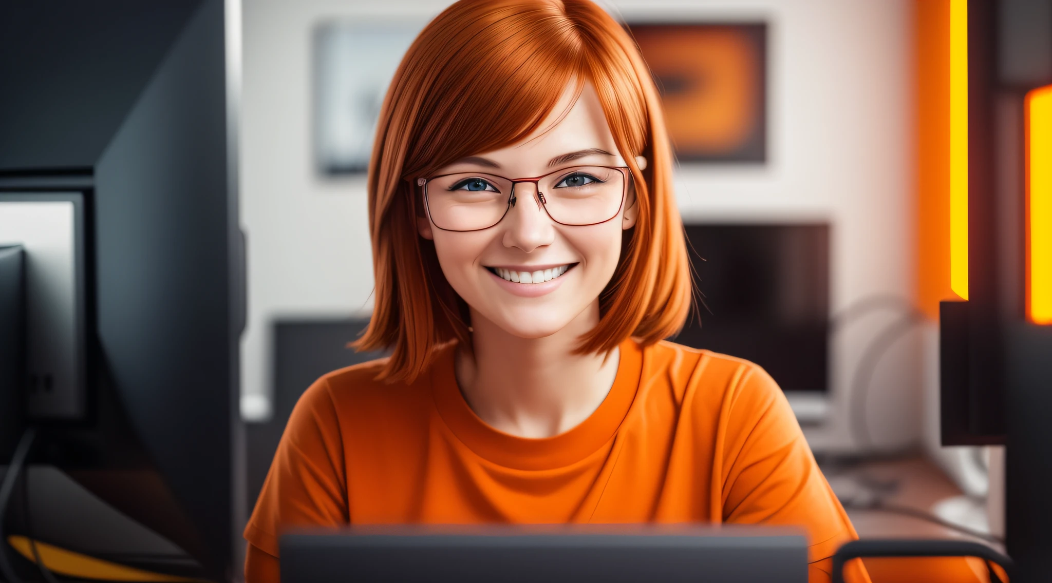 a character 27 year old woman wearing beautiful orange glasses and smiling wearing a plain orange knit t-shirt, very short and spiky orange brown hair, working an advertising agency with orange walls, blurred background, looking at the monitor of an iMac, smiling, cinematic lighting, shallow depth of field, 8k uhd, dslr, 35 mm 1.8 lens,  masterpiece, high quality, photorealistic, realism, hyperrealism, art photography --auto --s2