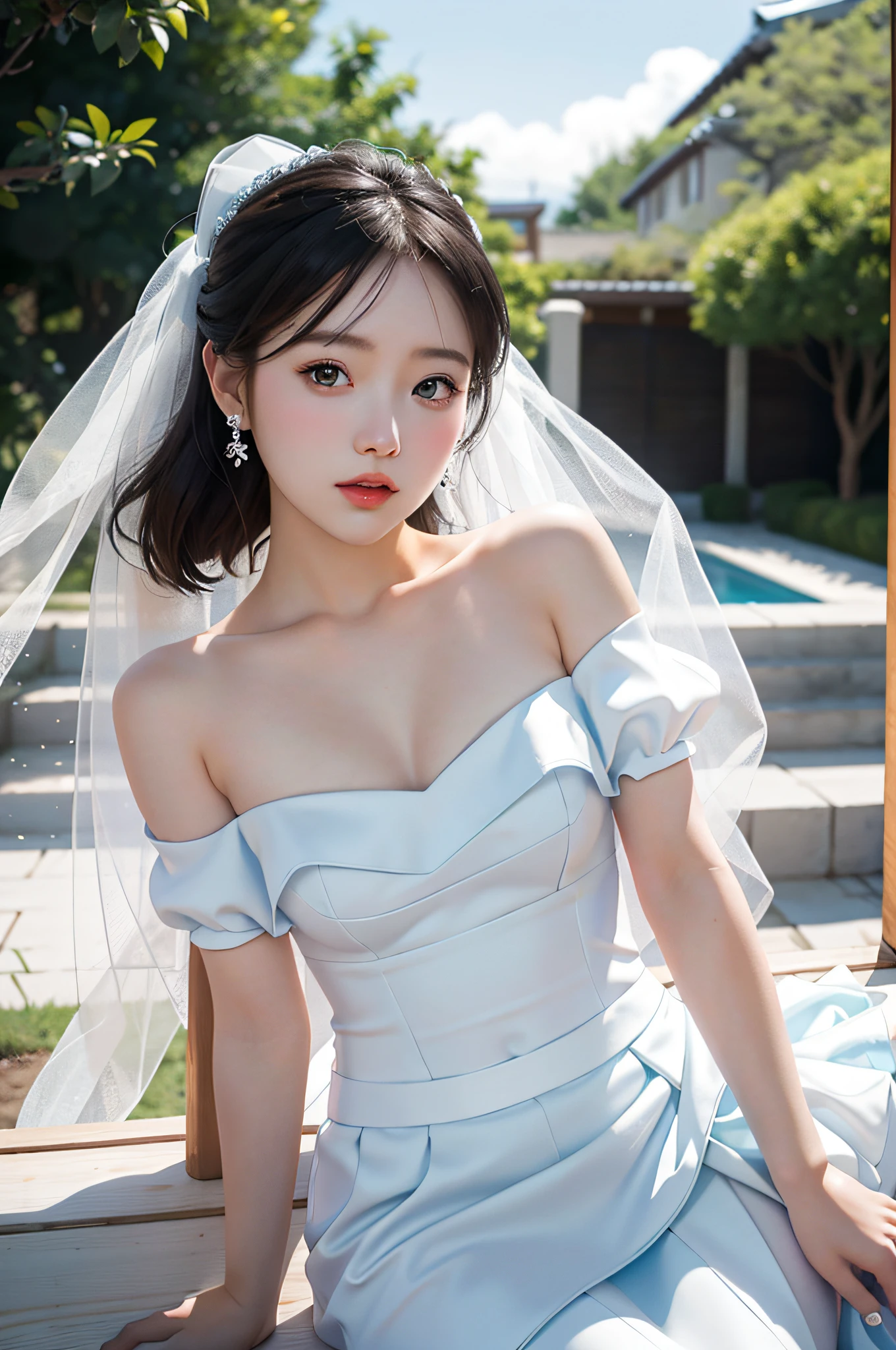sky blue wedding dress,white mini skirt,kawaii, idol, (sweat:0.7),woman,japanese,exquisite face, beautiful face,bare shoulders,shoulders all exposed,translucent skin,black eyes,black hair,(photorealistic:1.4),realistic details, high resolution,bokeh,outstanding details