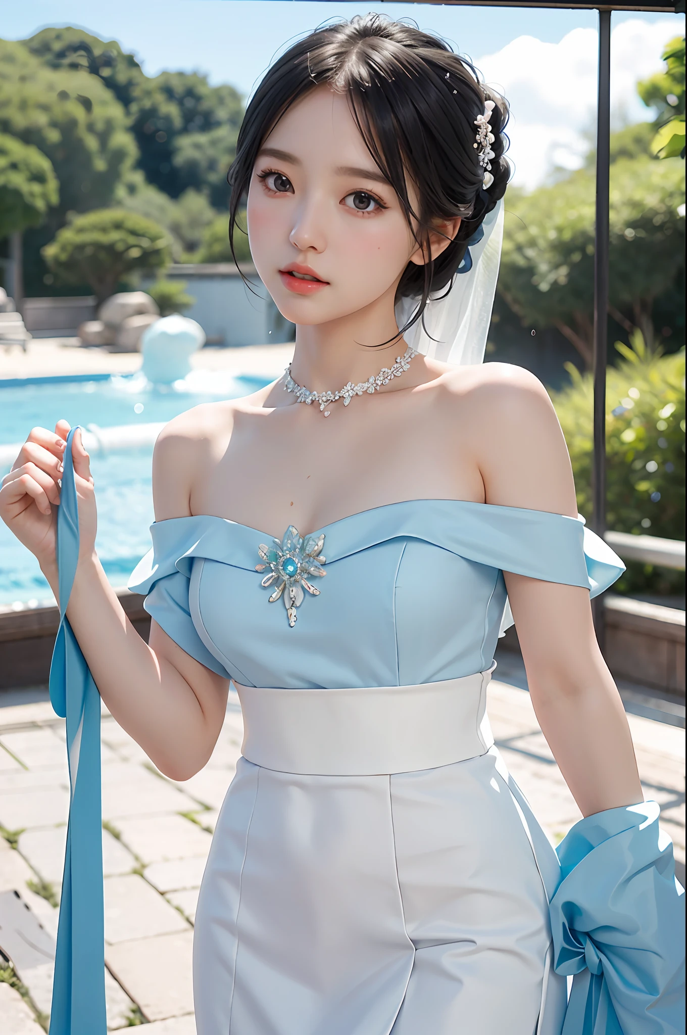 sky blue wedding dress,white mini skirt,kawaii, idol, (sweat:0.7),woman,japanese,exquisite face, beautiful face,bare shoulders,shoulders all exposed,translucent skin,black eyes,black hair,(photorealistic:1.4),realistic details, high resolution,bokeh,outstanding details