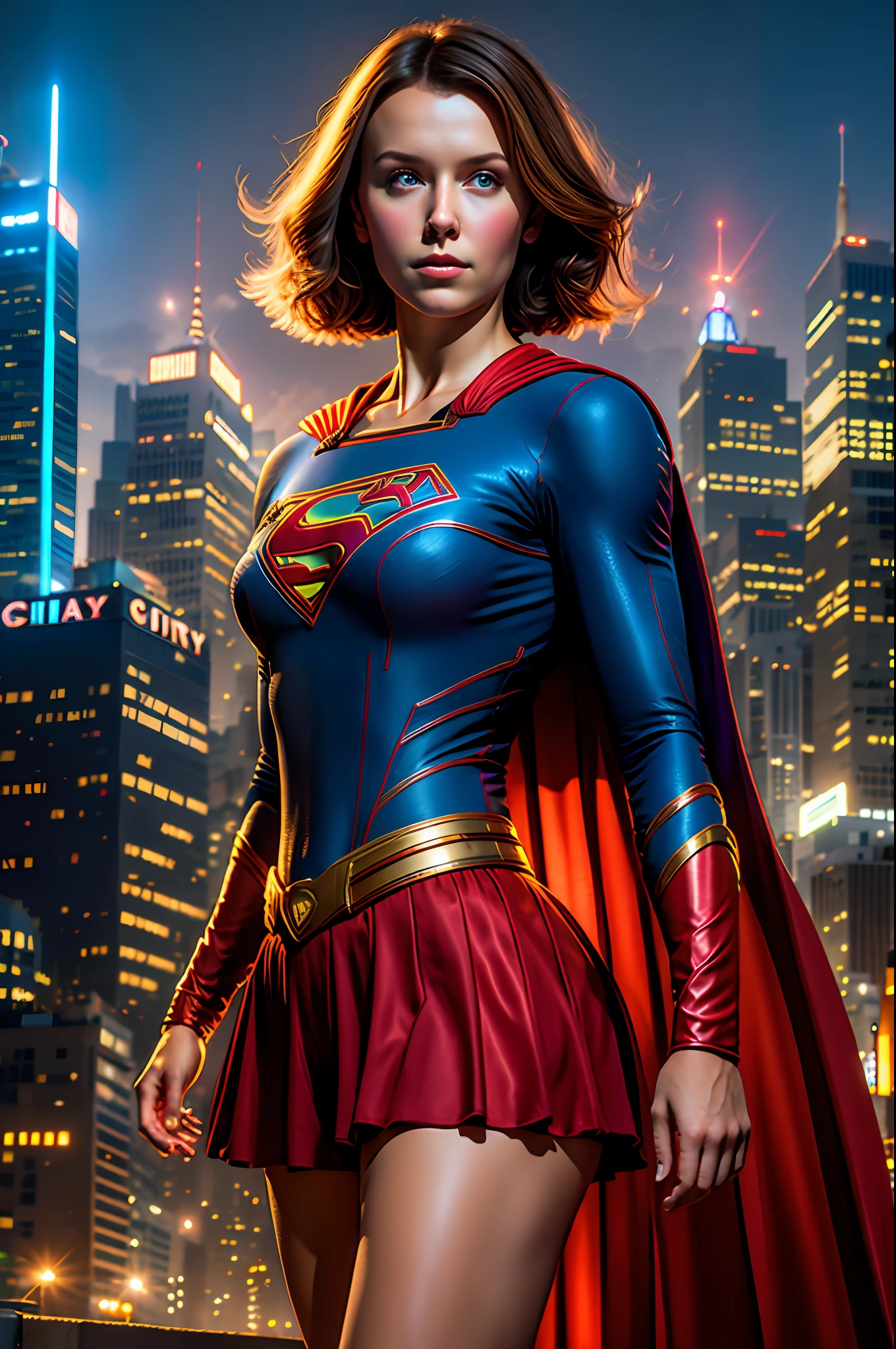 millie bobby brown big breasts, big ass, posing for a photo,(wearing supergirl_cosplay_outfit,white and red clothing: 1.3), good hand,4k, high resolution, masterpiece, best quality, head:1.3,((Hasselblad photography)), finely detailed skin, sharp focus, (cinematic lighting), collarbone, night, soft lighting, dynamic angle, [:(face detailed:1.2):0.2],(((city background)))), outside,in the city at night